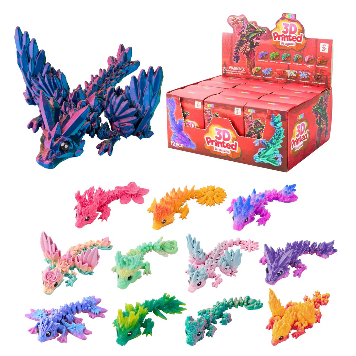 Joyfy 12 Pcs 3D Printed Dragon Blind Box, Mini Articulated Fidget Toys, Mystery Party Favors for Kids 8-12, Sensory Bulk Toys for Goodie Bags Gifts