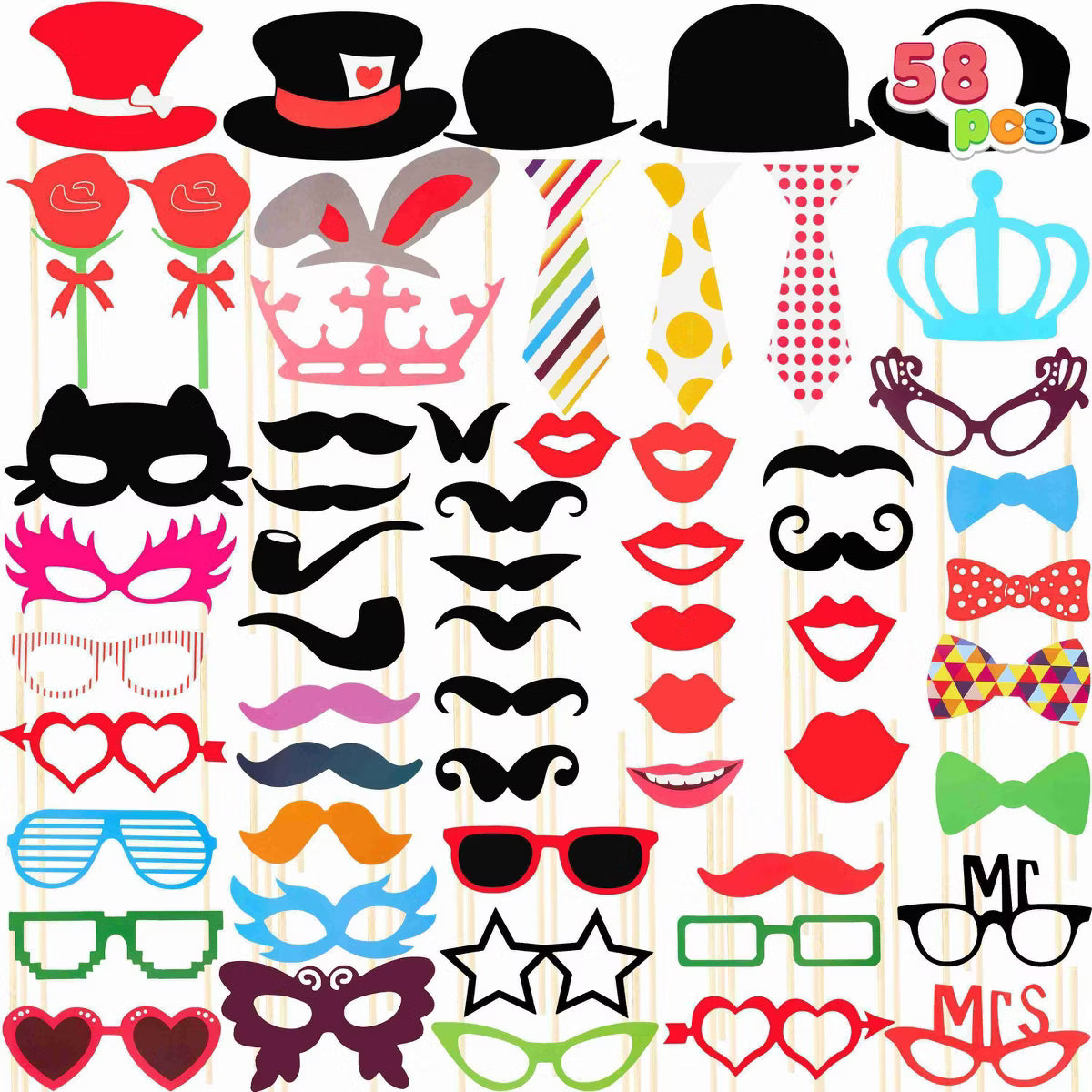 Joyfy 58 Pcs Photo Booth Props Party Supply Novelty Decoration For Adults Graduation Wedding Birthday With Stick Hats Glasses Mouth Bowler Bowties