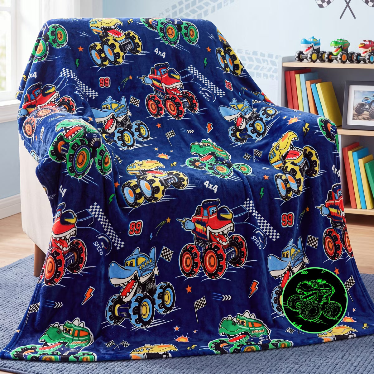 Throw Glow in the Dark Flannel Blanket – Blue Monster Truck