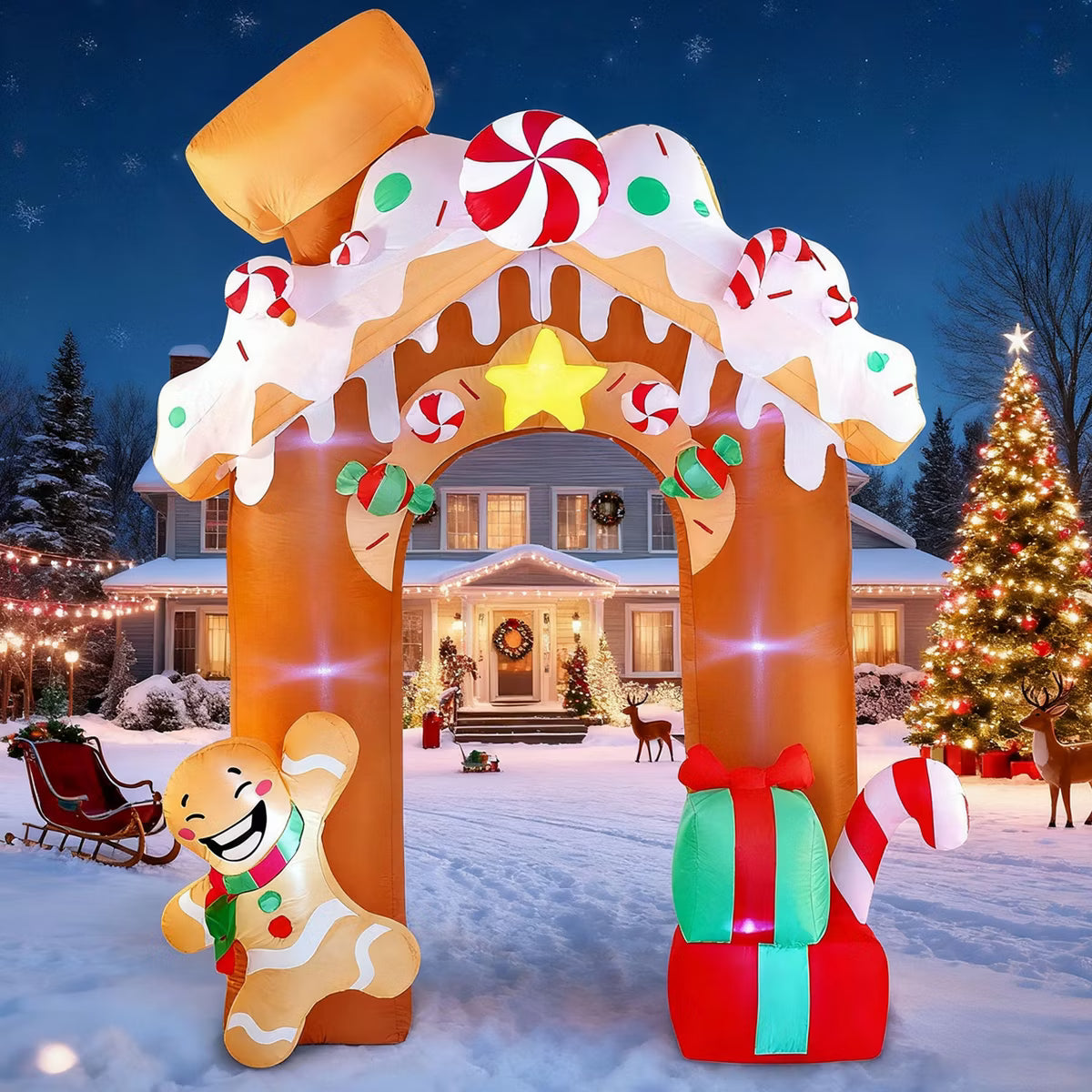 Joyfy 10 FT Tall Christmas Inflatable Decoration, Gingerbread House Archway with Built-in LEDs for Xmas Party Indoor Outdoor Yard Garden Lawn Décor