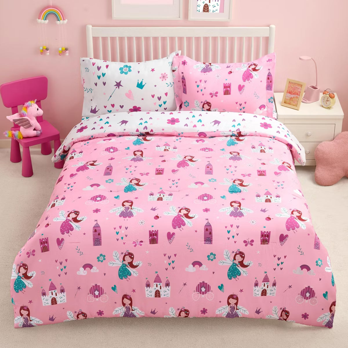 Joyfy Kid Twin Comforter Set 5 Piece Kids Twin Princess Bedding Set Super Soft Microfiber Bed in a Bag with Comforter, Sheets, Pillowcase & Sham