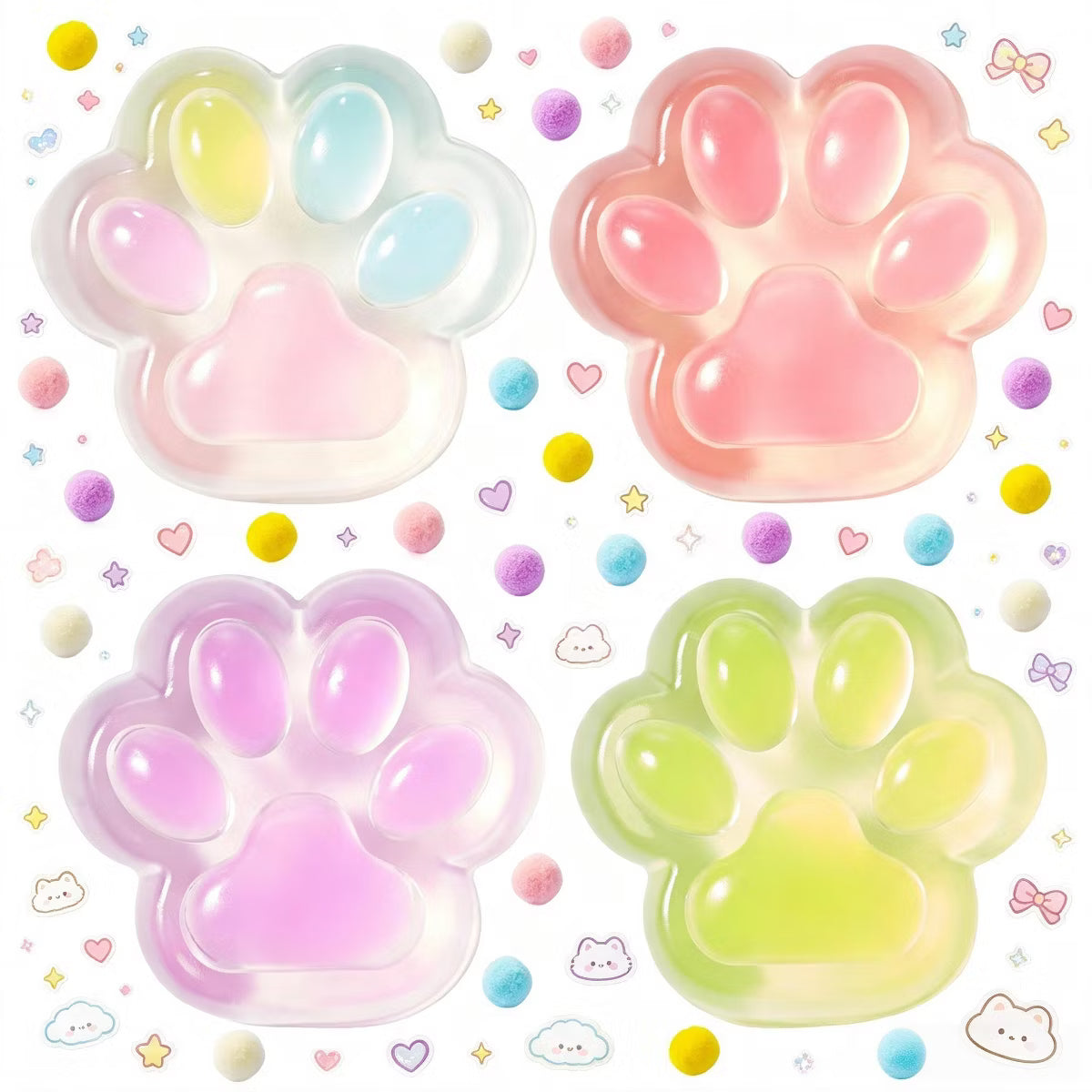 JOYFY 4 Pcs Taba Paw Squeeze Toys,Transparent Cat Paw Fufu Squishy Toys, Soft Sensory Fidgets, Stress Relief Cute Toys, Birthday Gifts for Kids Adults