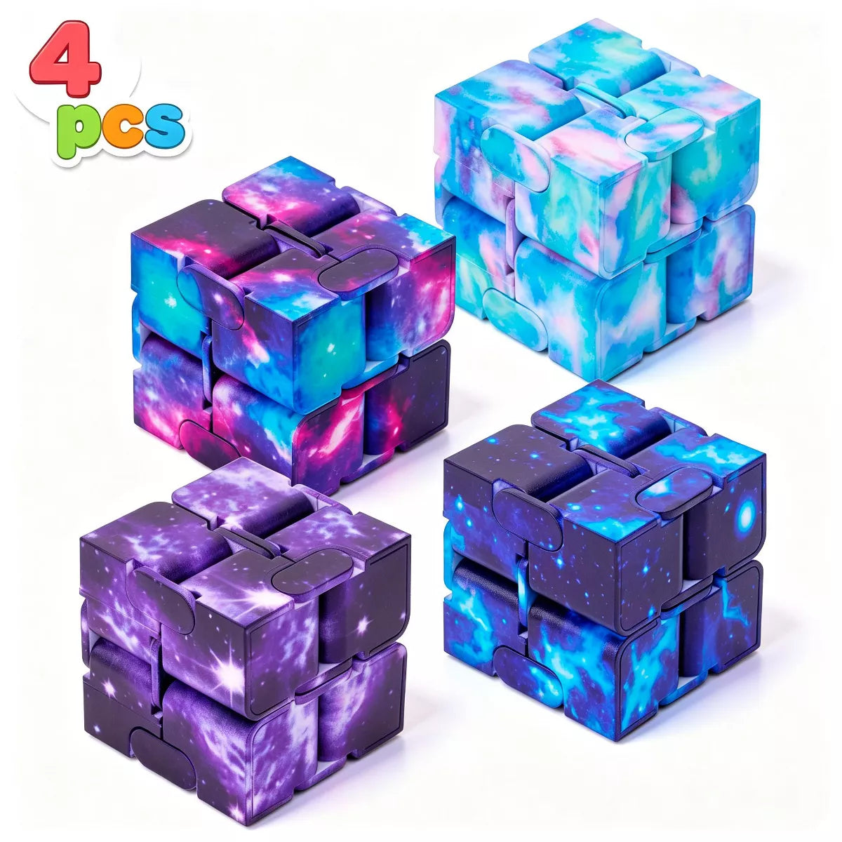 Joyfy 4 Pack Galaxy Pattern Metal Infinity Cube Fidget Spinner Toys, Stress Relief Sensory Office Desk Gadgets, Birthday Gifts for Adults Teens Kids
