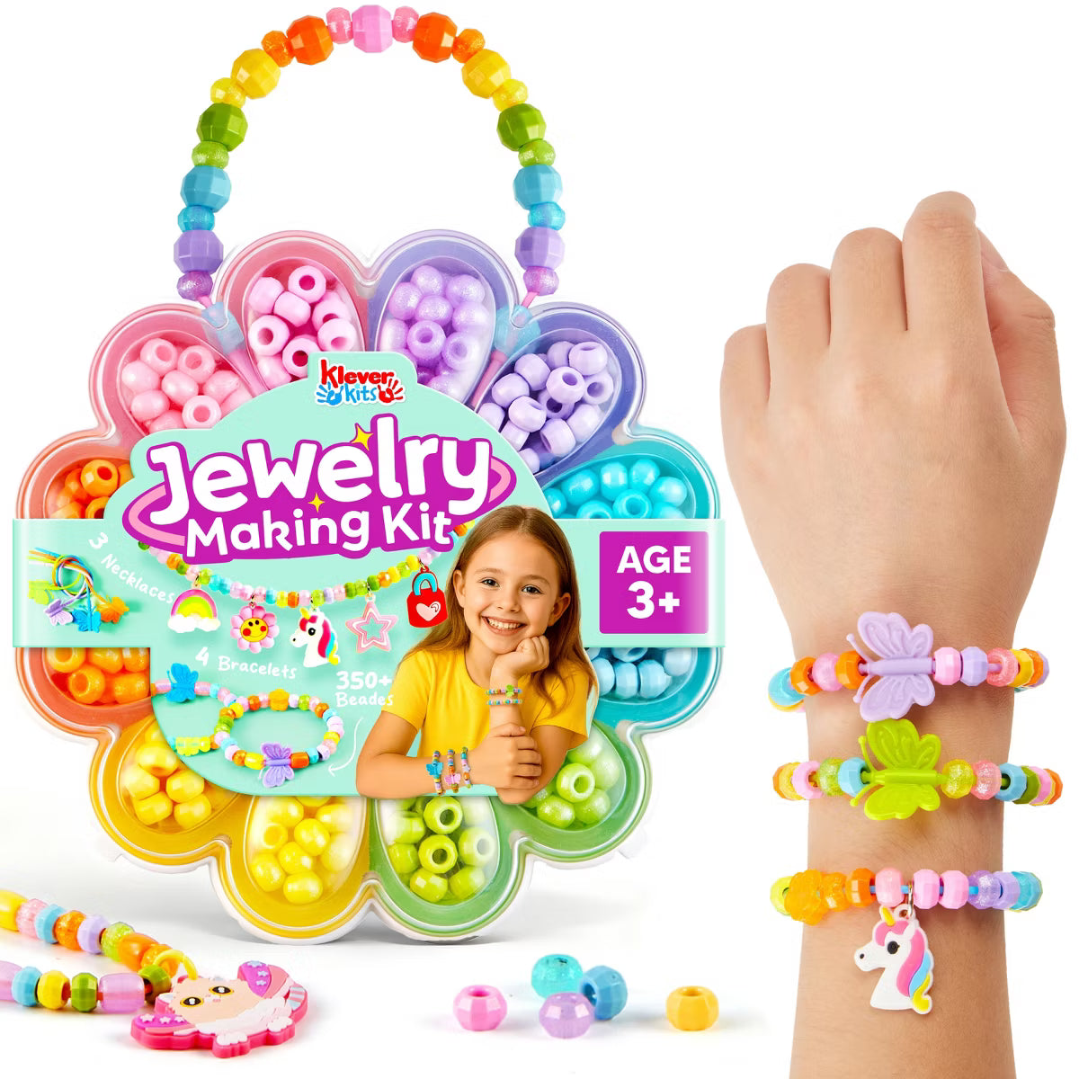 Klever Kits Jewelry Making Kit for Kids, 350+ Colorful Beads and Flower Case, DIY Bracelet Arts & Crafts, Birthday Christmas Gift for Girls Ages 3+