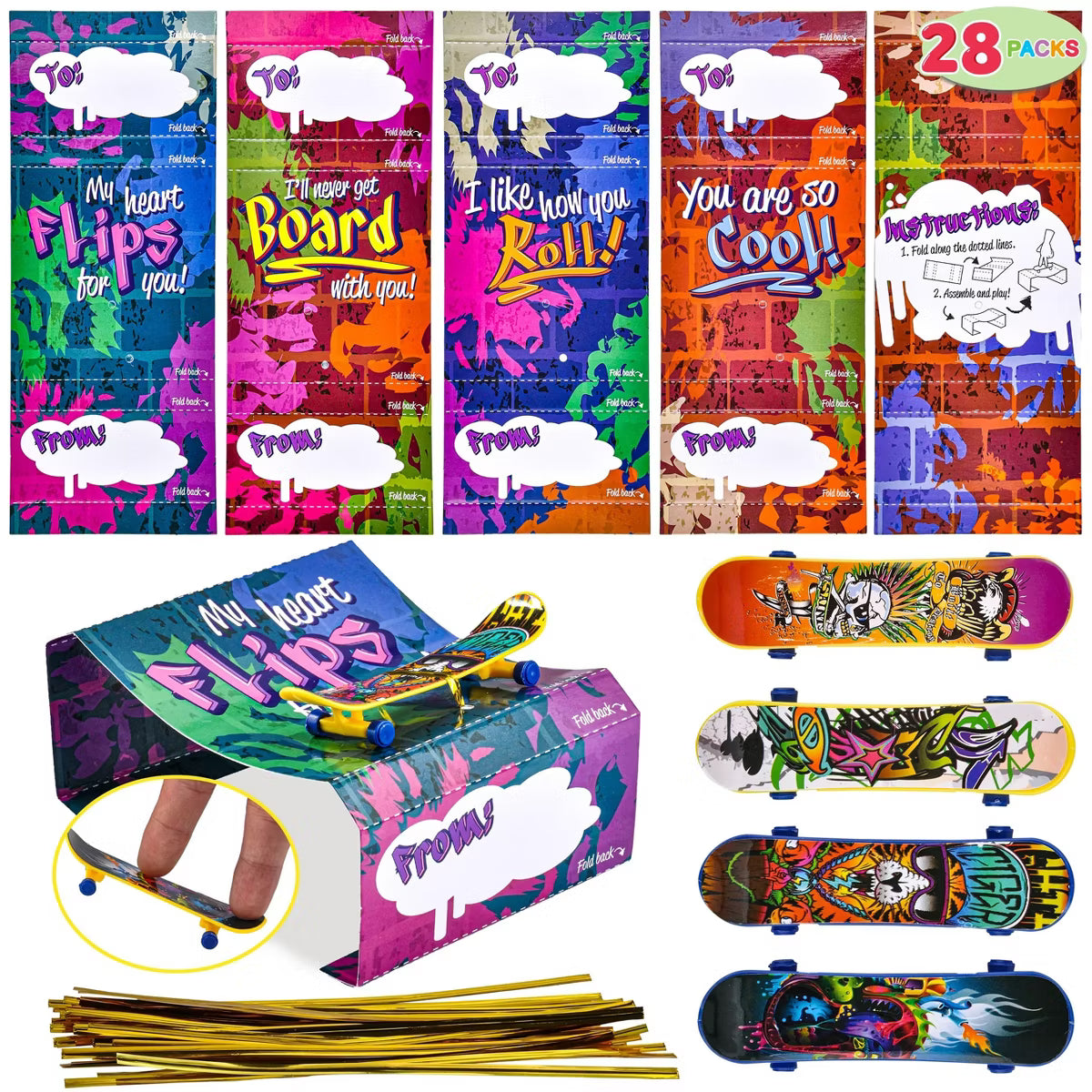 Joyfy Valentines Day Gifts 28 Pack Valentines Cards with Finger Skateboards Toys, Valentine Gifts Exchange for School Finger Sports Party Favors