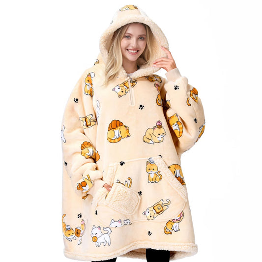Wearable Blanket Hoodie Birthday Christmas gifts for Women Teen Girls Printed Hooded Blanket Sweatshirt Warm Cozy with Pocket & Sleeves Beige Cat