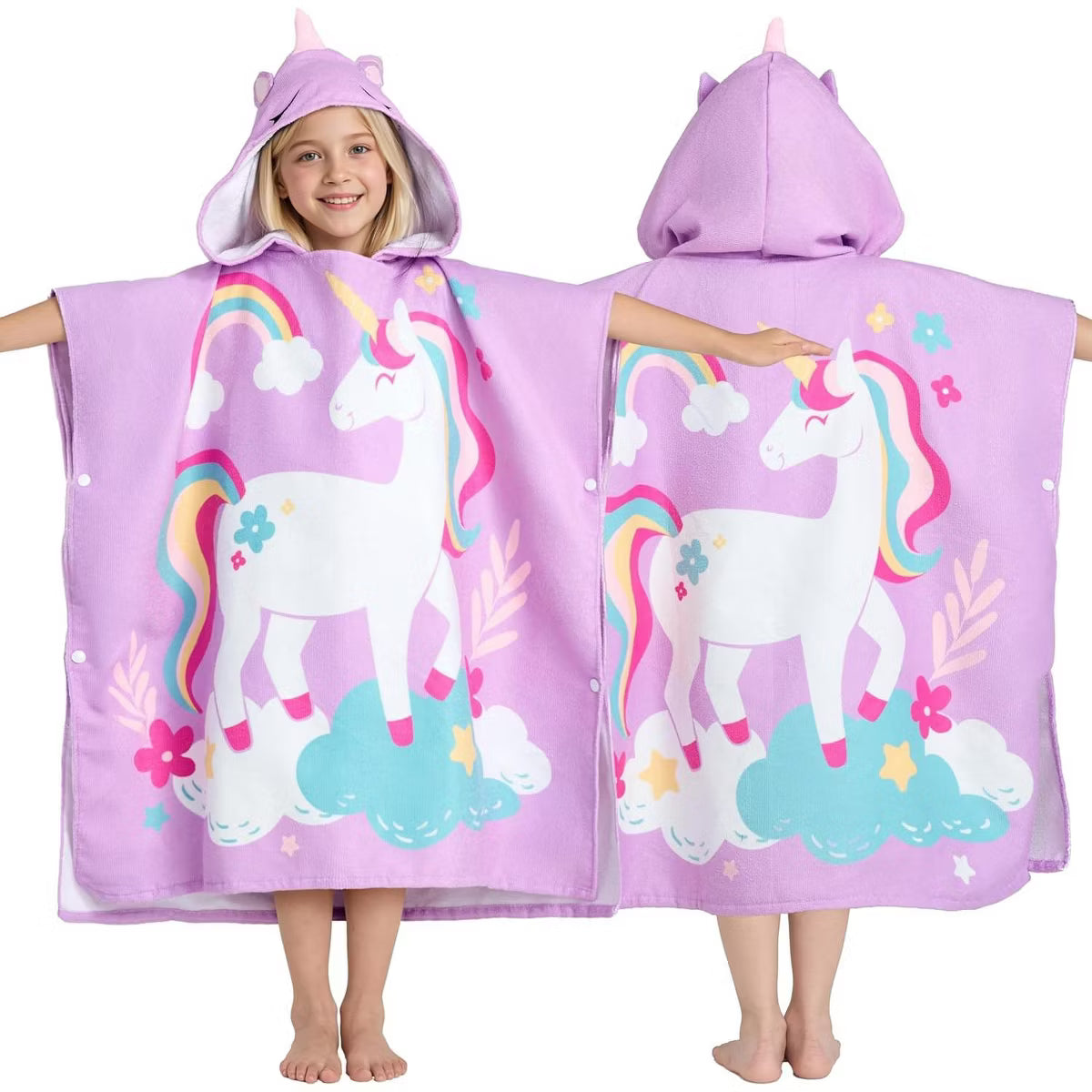 Joyfy Kids Beach Towels with Hood for 3-10 Years Unicorn Print Quick Dry Microfiber Swim Robe with Backpack Lightweight 30"x30" for Beach Pool