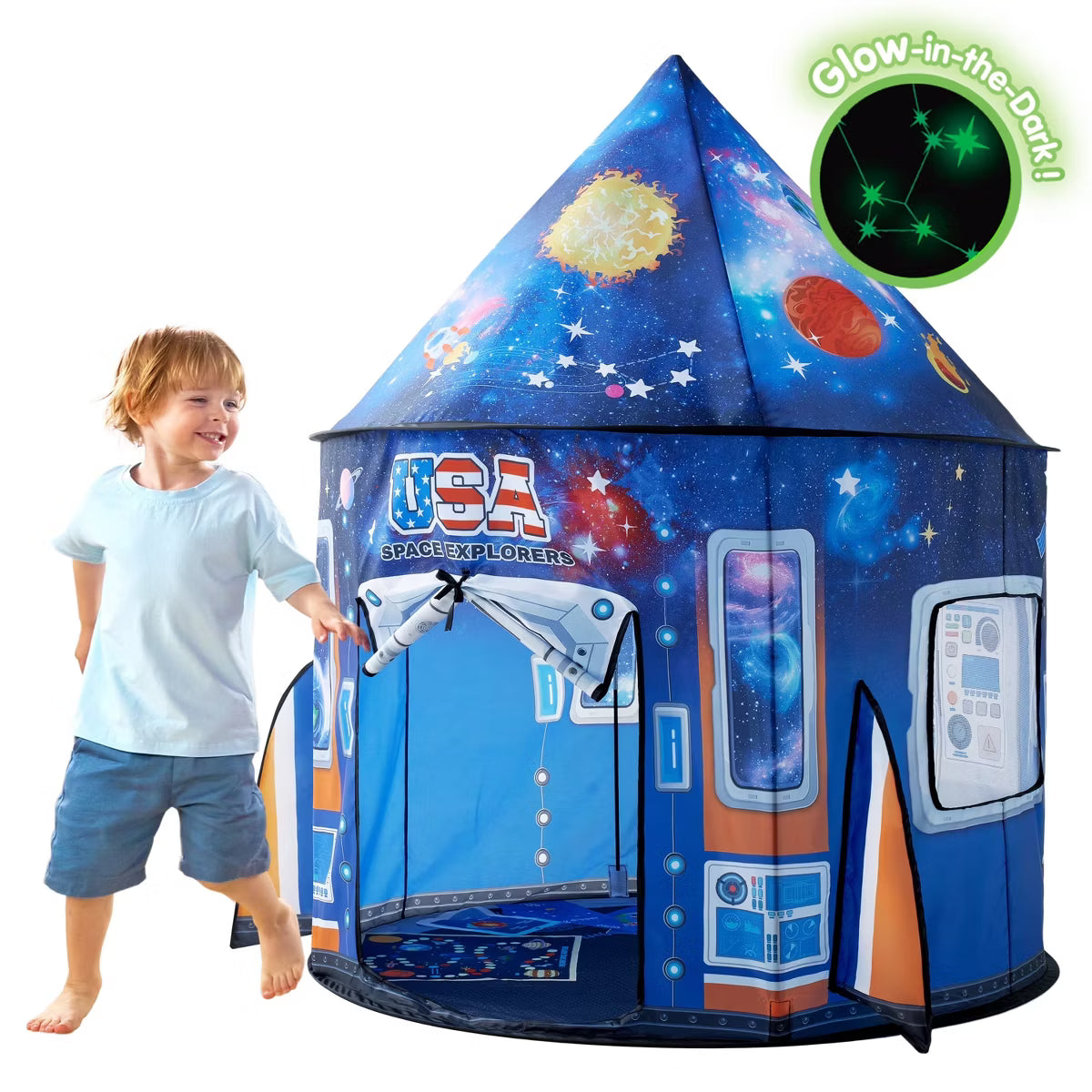 Joyfy Glow-in-the-Dark Rocket Ship Play Tent for Kids, Foldable Astronaut Playhouse, Pop-up for Indoor/Outdoor, Birthday Gift for Toddler Boys & Girls