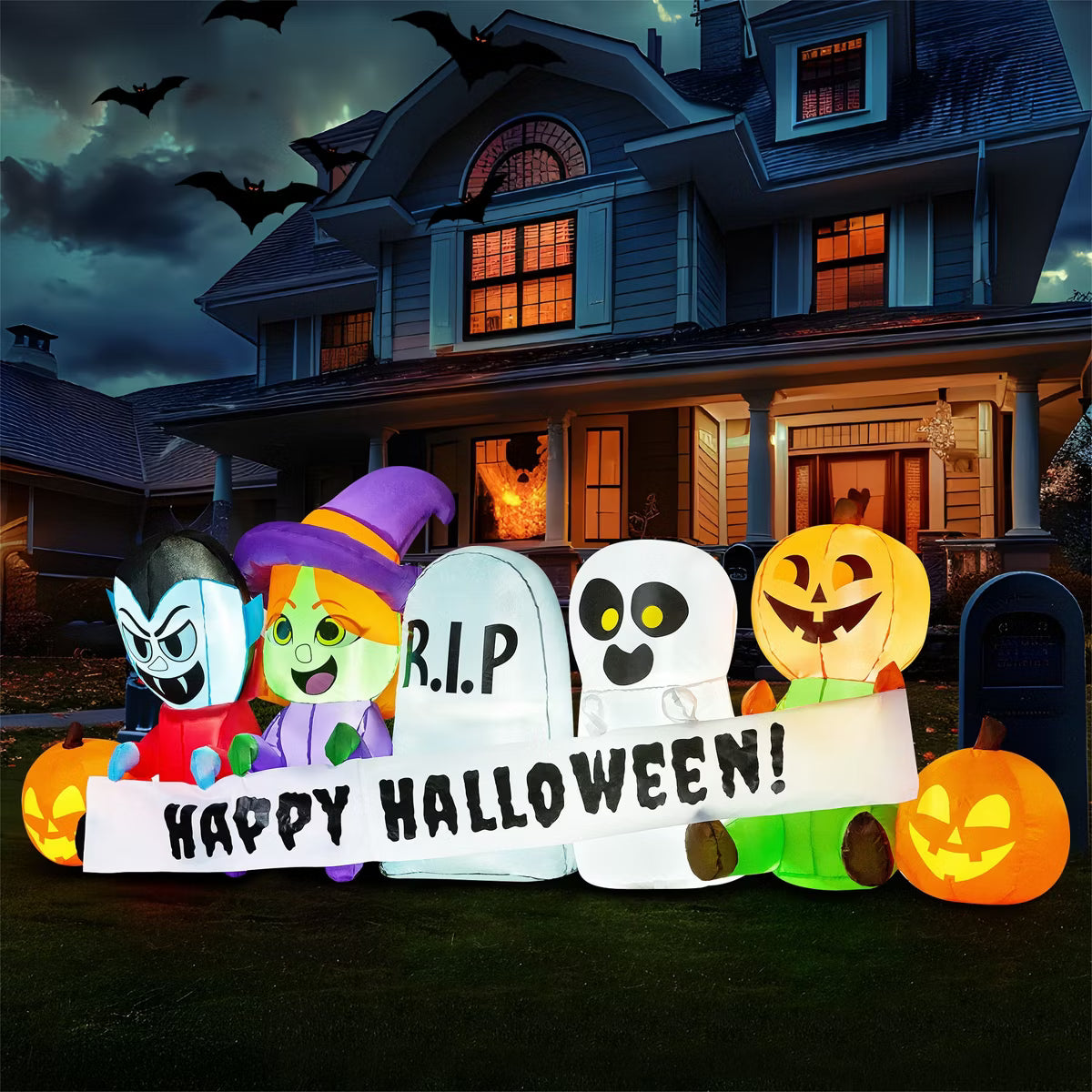 Joyfy 8 FT Long Inflatable Halloween Outdoor Decorations, Inflatable Pumpkin Ghost Vampire Witch Tombstone with LEDs for Yard Garden Lawn Decorations