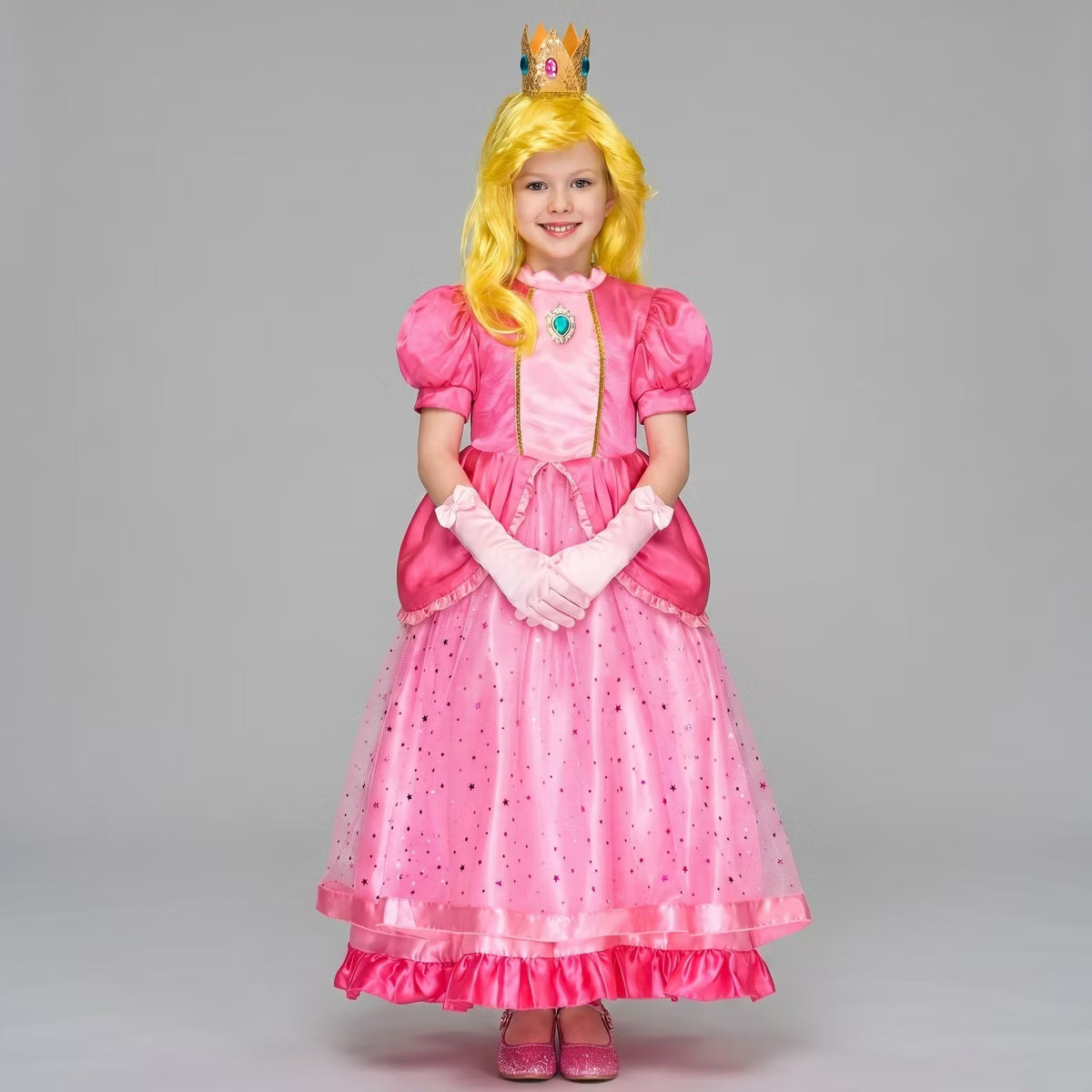 Joyfy Halloween Crown Costume for Girls - Yellow Princess Dress with Wig, Earrings & Gloves for Kids Dress Up Cosplay Party -S