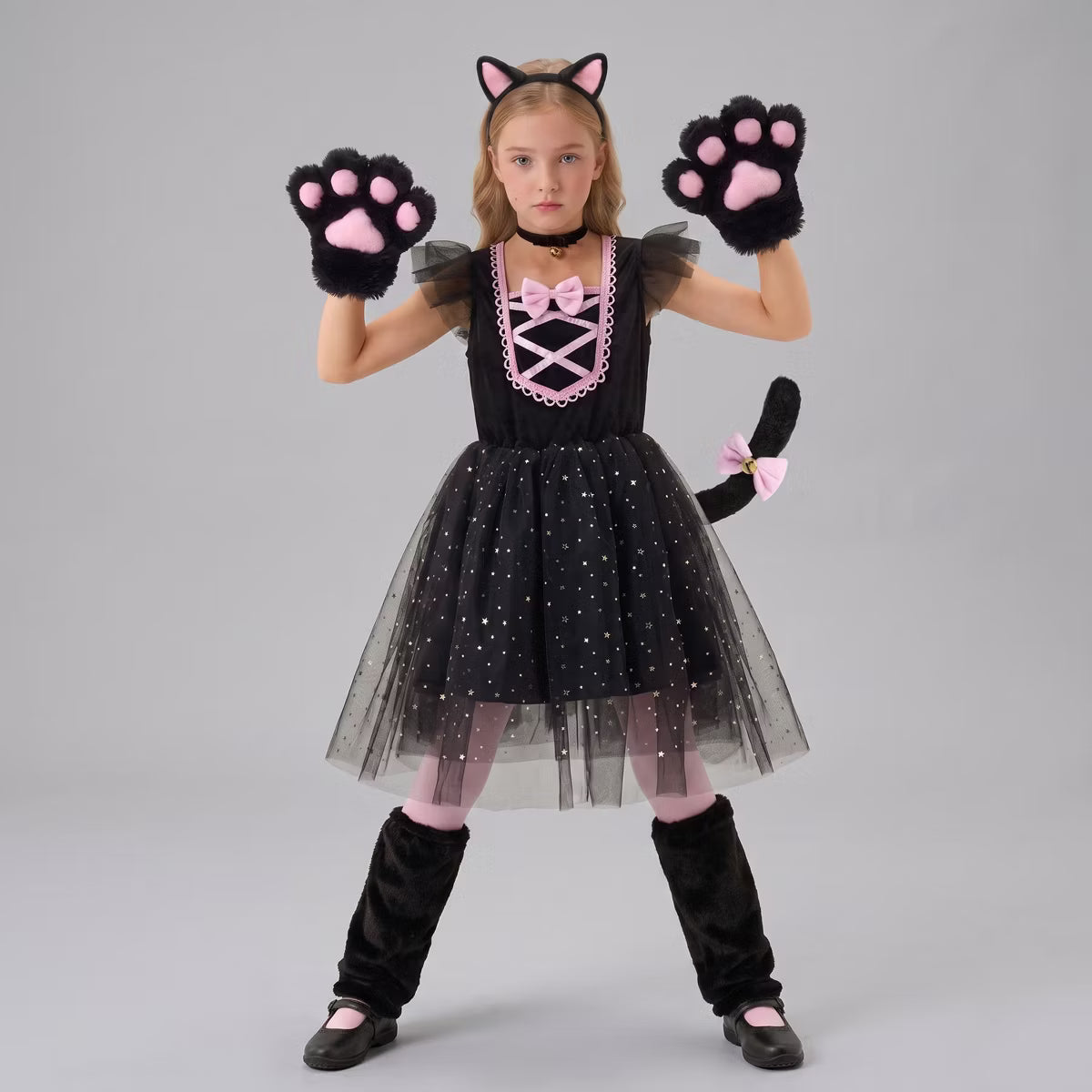 Joyfy Halloween Costume Cat Accessories Set for Girls, 8 Pcs Kitten Outfit with Ears, Tail, Skirt & Bell – Kitty Cosplay for Dress Up Party - M
