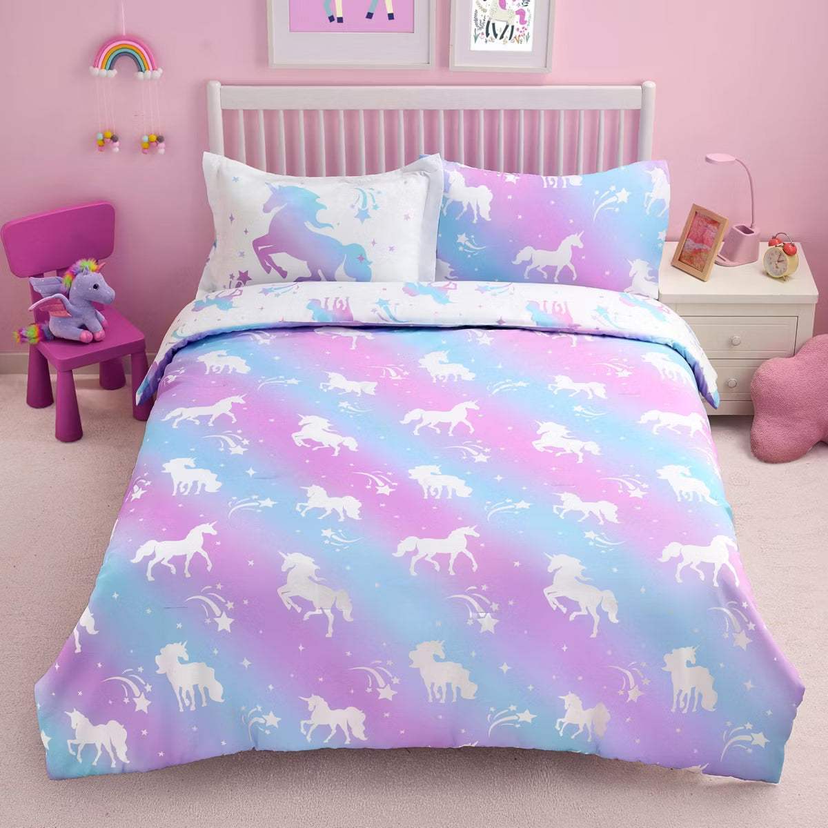 Kid Twin Comforter Set 5 Piece Bedding Set with Comforter Sheets Pillowcase Sham for Boys Girls Super Soft Microfiber Bed in a Bag (Unicorn)