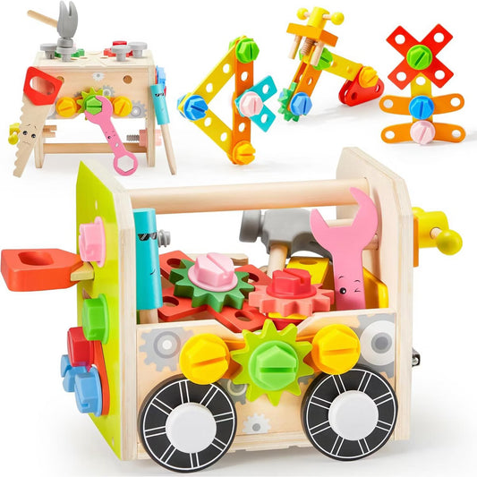 51PCS Kids Wooden Educational Tool Set for Boys Girls, Montessori Toys for 3 4 5 6 Year Old, Learning Construction Toys, Christmas Birthday Gift