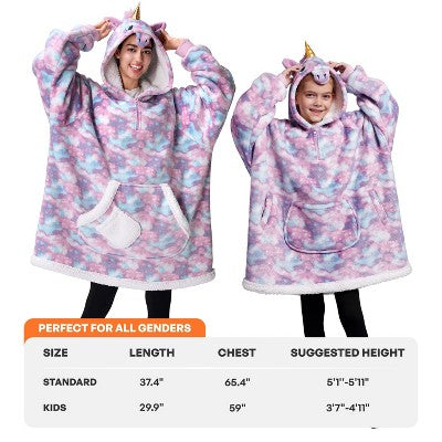 Wearable Blanket Hoodie for Adult Fleece Hooded Blanket Warm Cozy Wearable Throw Oversized Hoodie with Giant Pocket & Sleeves and Unicorn Pattern