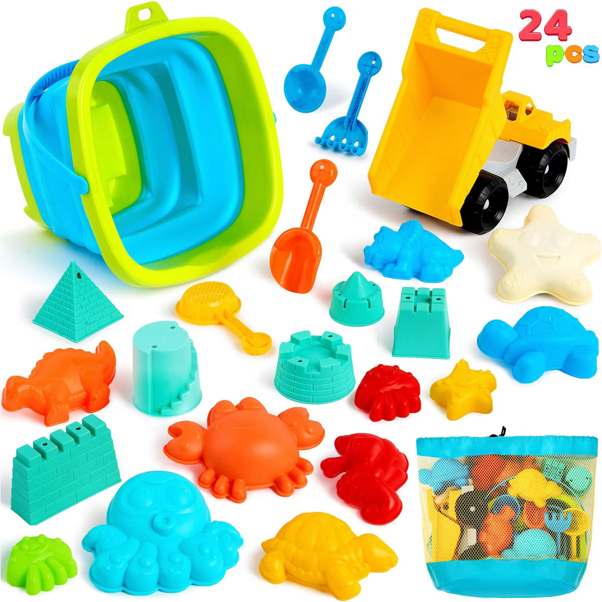Joyfy 24 Pcs Beach Toys Set, Sand Toys Collapsible Sand Buckets with Mesh Bag Sand Shovels Castle Animal Mold Sets for Kids Boys Toddlers Outdoor Play