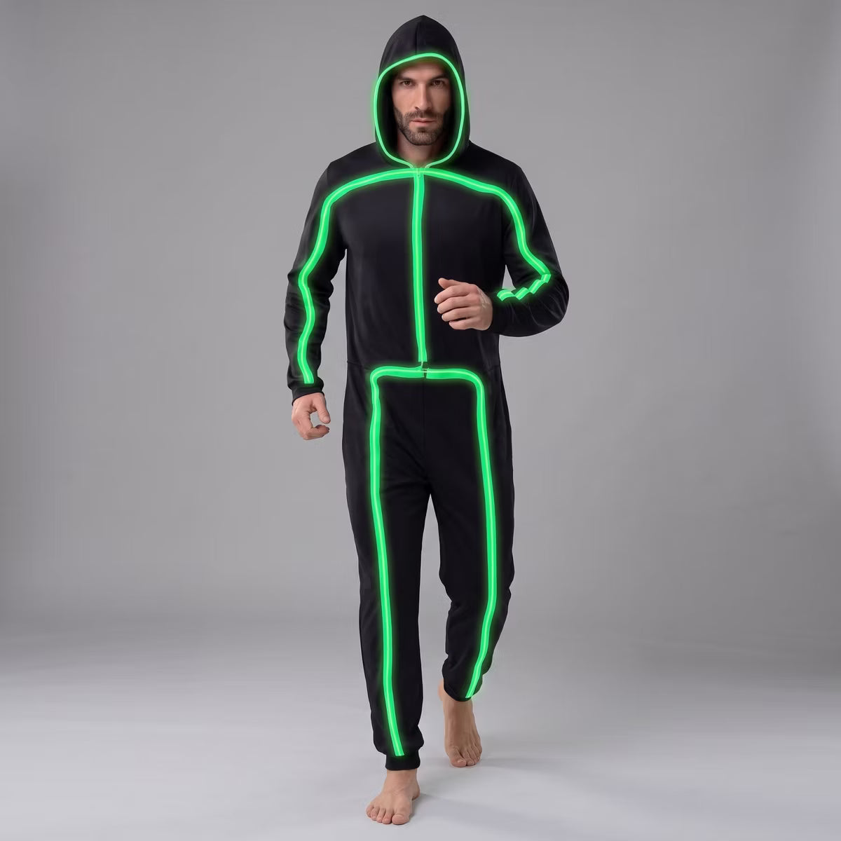 Joyfy Halloween Costume Stickman Jumpsuit for Men, Adult Glow LED Green Outfit with Hood & Light Strips for Halloween Dress Up Party