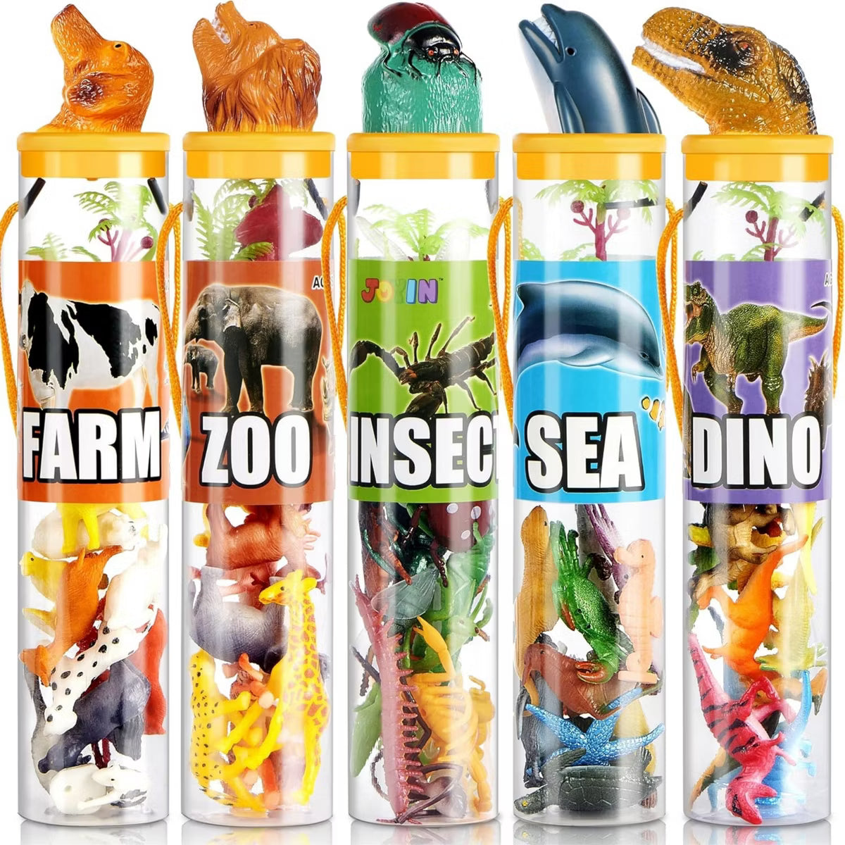 Joyfy 69Pcs Mini Animal Figurine Set - Realistic Jungle, Zoo, Ocean & Farm Animal Toys with Sensory Bin, Christmas Birthday Gift for Kids Ages 3-5