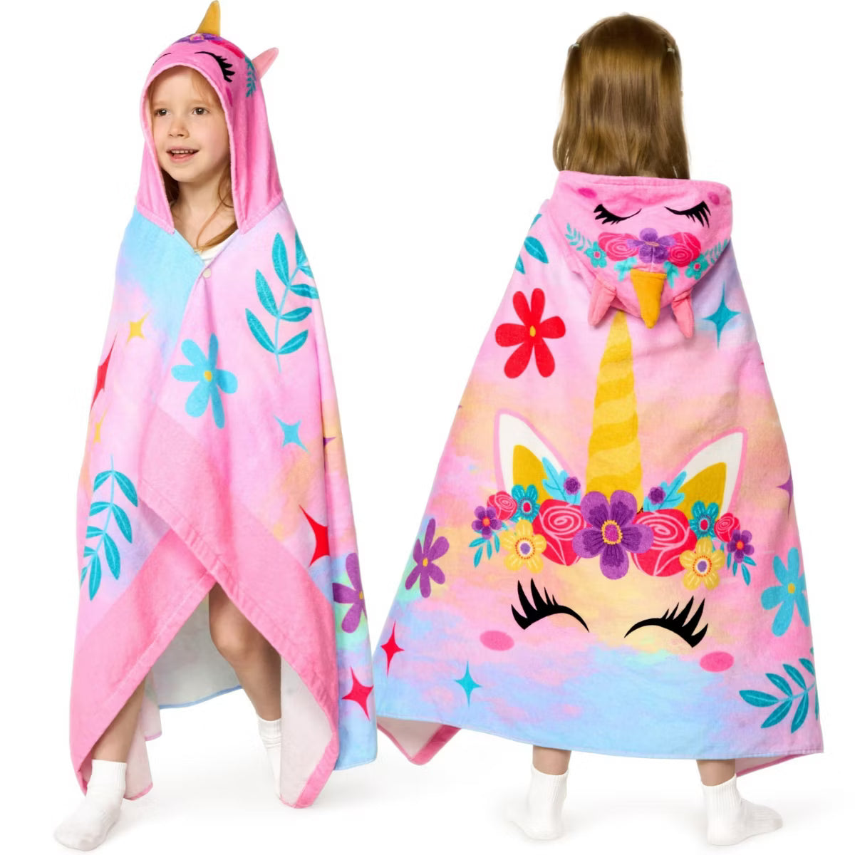 Joyfy Kids Unicorn Hooded Bath Towels, 30" x 50" Premium 100% Cotton Beach & Pool Towels for Girls Aged 3-10, Soft Absorbent Bath and Swim Towel Wrap