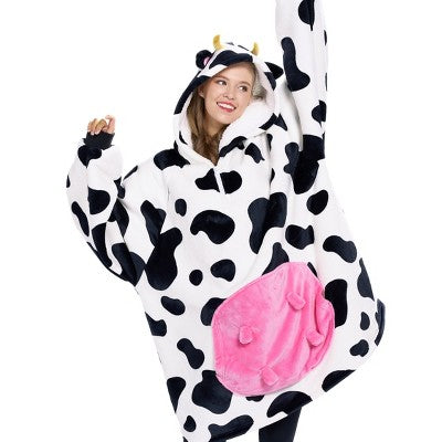 Flannel Fleece Hooded Wearable Blanket Hoodie for adult  Warm Cozy Flannel Wearable Throw Oversized Hoodie with Giant Pocket & Sleeves for Adult Cow