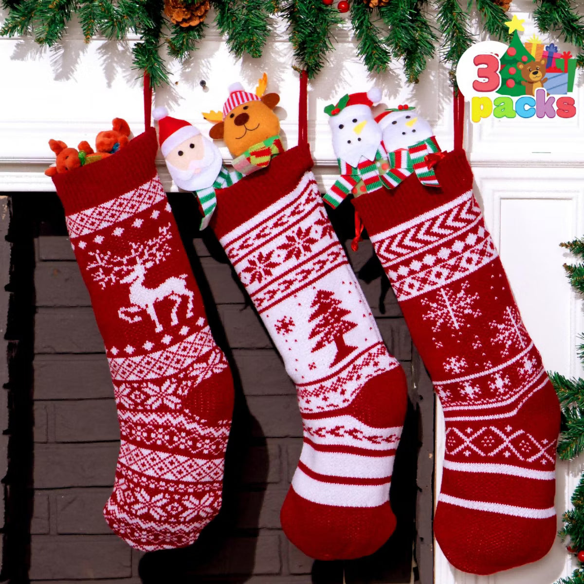 Joyfy 3 Pcs Knit Christmas Stockings, 18" Large Rustic Stocking for Christmas Decorations Holiday Tree Decor