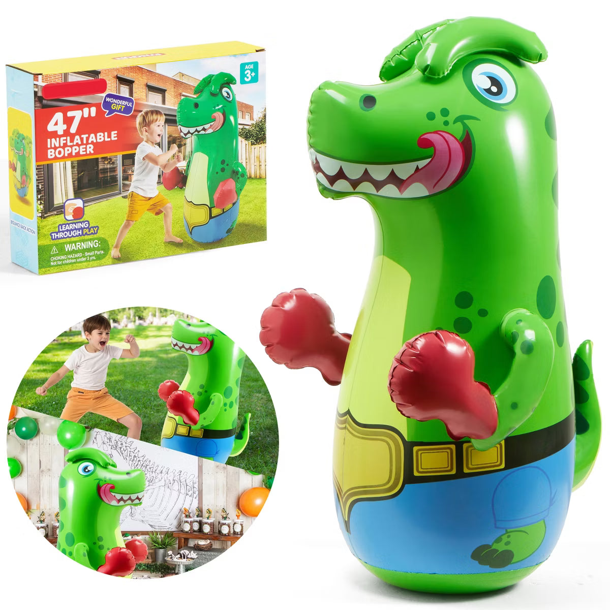 T-Rex Dinosaur Inflatable Punching Bag for Kids Age 3-8 47" Blow Up Bopper Bouncing-Back Indoor Outdoor Sport Toy Christmas Birthday Gift for Boy Girl