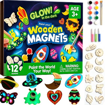 Joyfy 12PCS Glow in The Dark Wooden Magnets Painting Kit for Kids Age 3+, Halloween Crafts Easter Family Party Favors Birthday Gift for Boys Girls