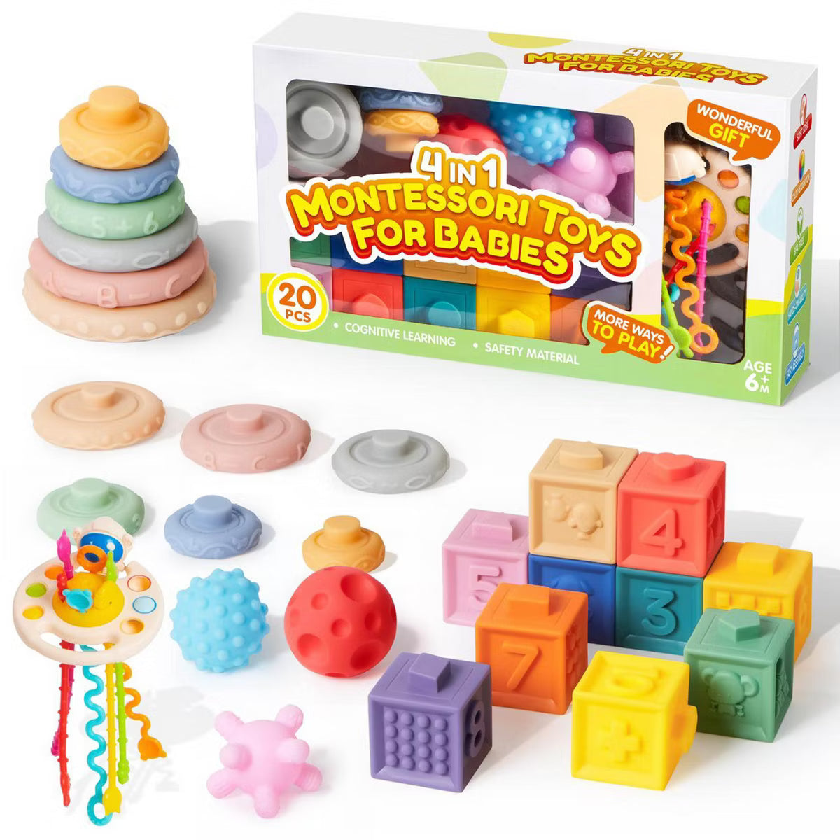 Joyfy Toddler Toys 6-12 Months - 20PCS Montessori Toys for Toddlers Baby Blocks Pull Strings & Sensory Balls, Toddlers Baby Toys