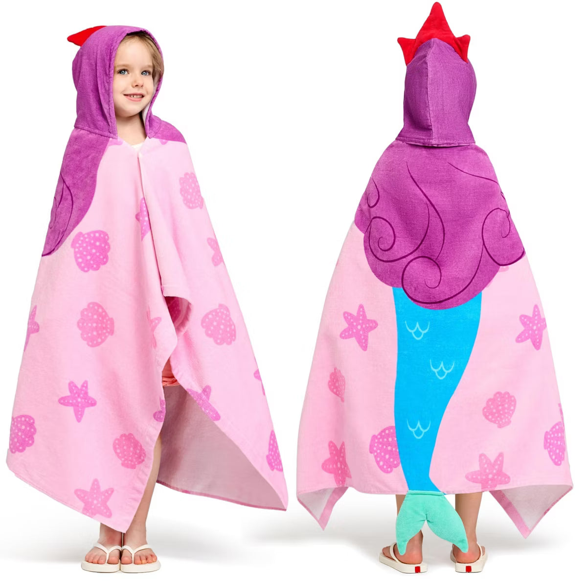 Joyfy Mermaid Hooded Towel for Kids Soft 100% Cotton Bath Beach Towel 30" x 50" for Kids 3-10 Years Toddler Pool Pullover w/Hood Absorbent Swim Wrap