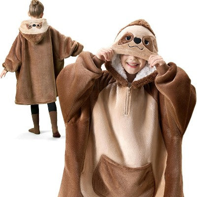Wearable Blanket Hoodie for Kid Fleece Hooded Blanket Sweatshirt Warm Cozy Wearable Throw Oversized Hoodie with Giant Pocket & Sleeves for Brown Sloth