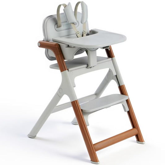 SYNCFUN Foldable Baby High Chair, Convertible Toddler Chair with Adjustable Removable Tray, Easy to Clean Wipeable Seat, Wood Grain Frame