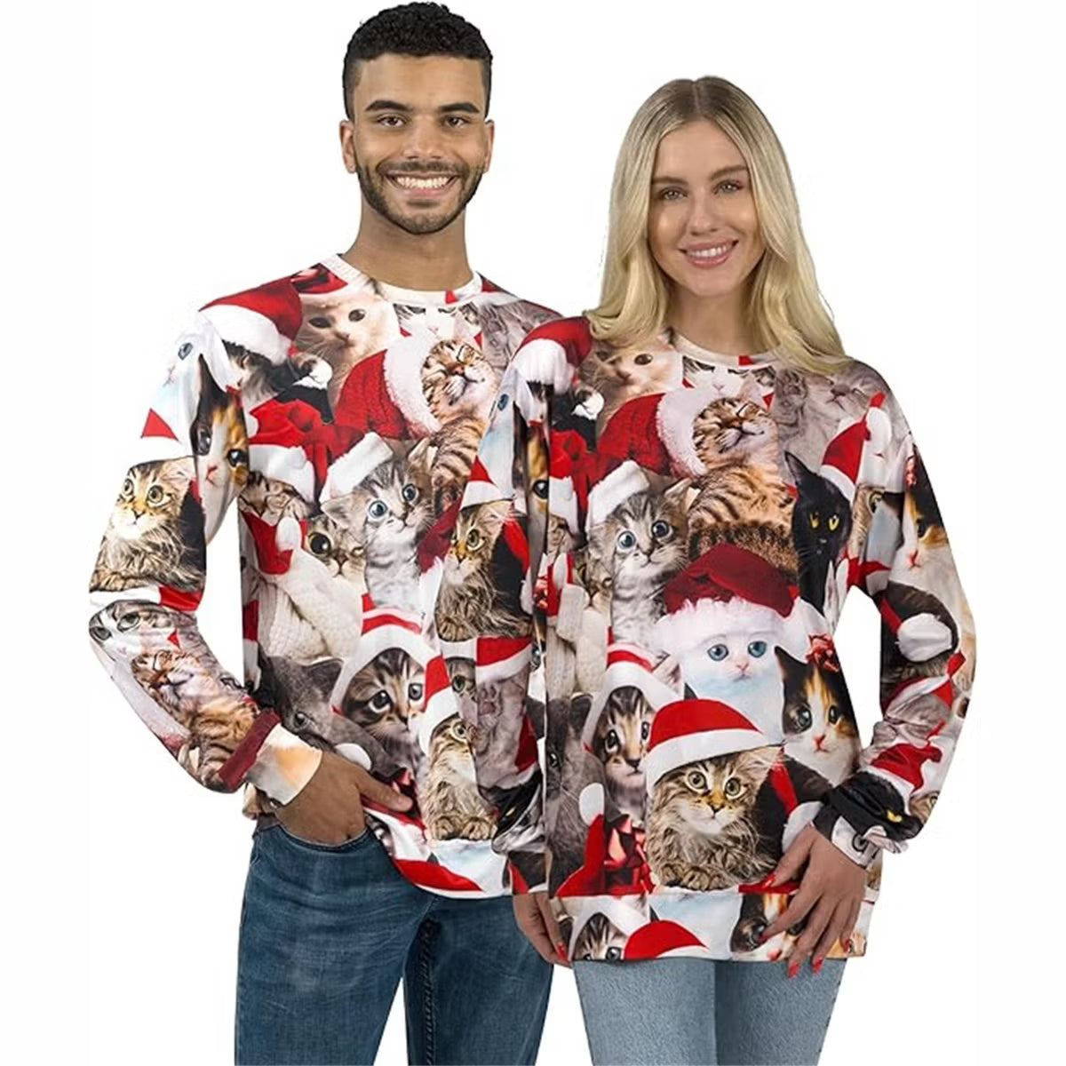 Joyfy Unisex Christmas Sweatshirt, Ugly Christmas Sweaters, Funny Meowy Crewneck Christmas Pullover Tops-L