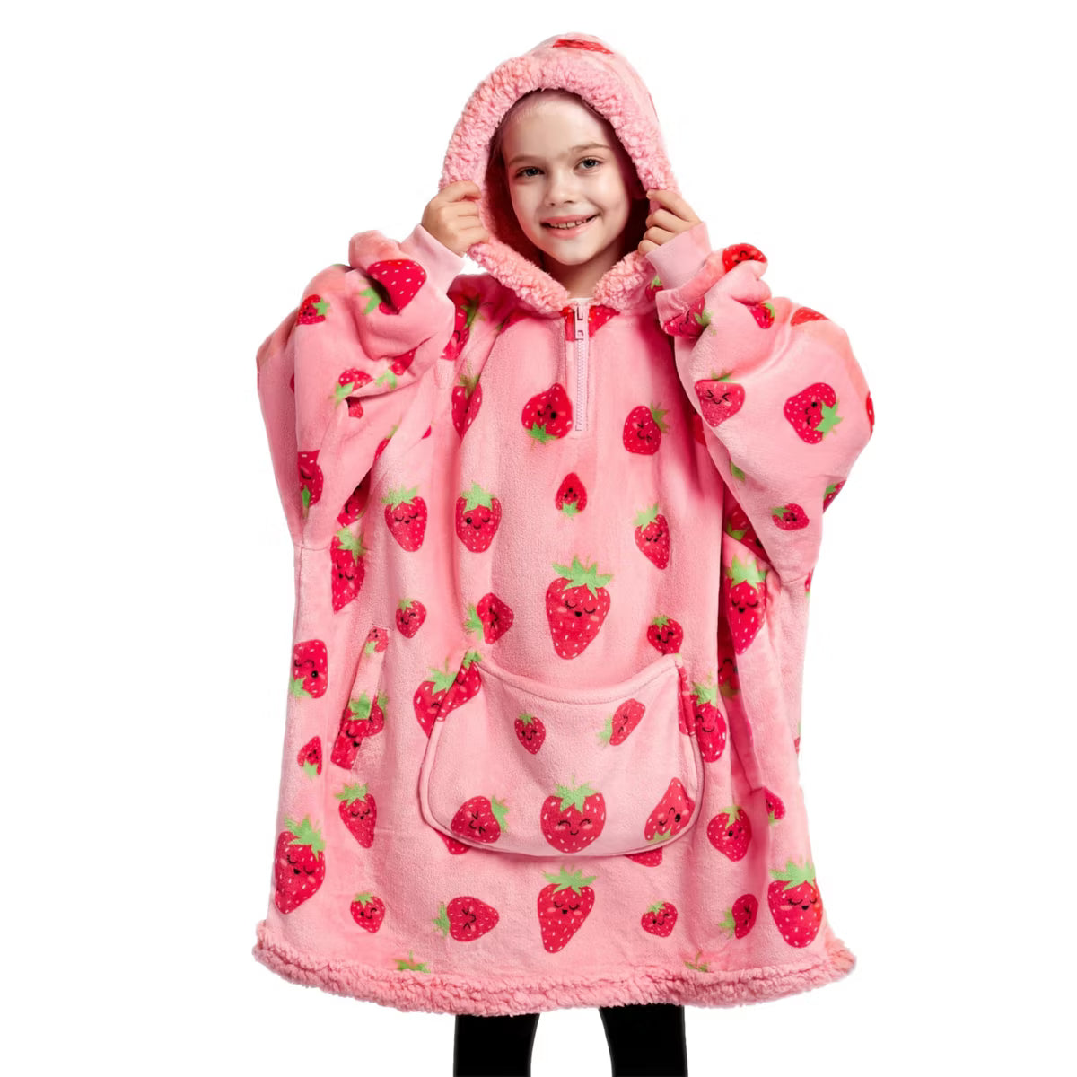 Joyfy Strawberry Cow Wearable Blanket Hoodie, Oversized Soft Fleece Hooded Blanket, Cozy Sweatshirt Gifts with Giant Pocket and Sleeves for Kids Girls
