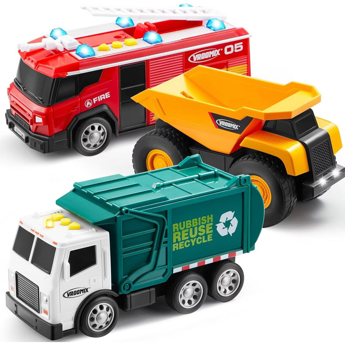 Joyfy 3Pcs Utility Trucks Toy Set, Garbage Truck, Fire Truck, Construction Vehicle with Lights & Sounds, Educational Gift for Kids Boys Ages 3+