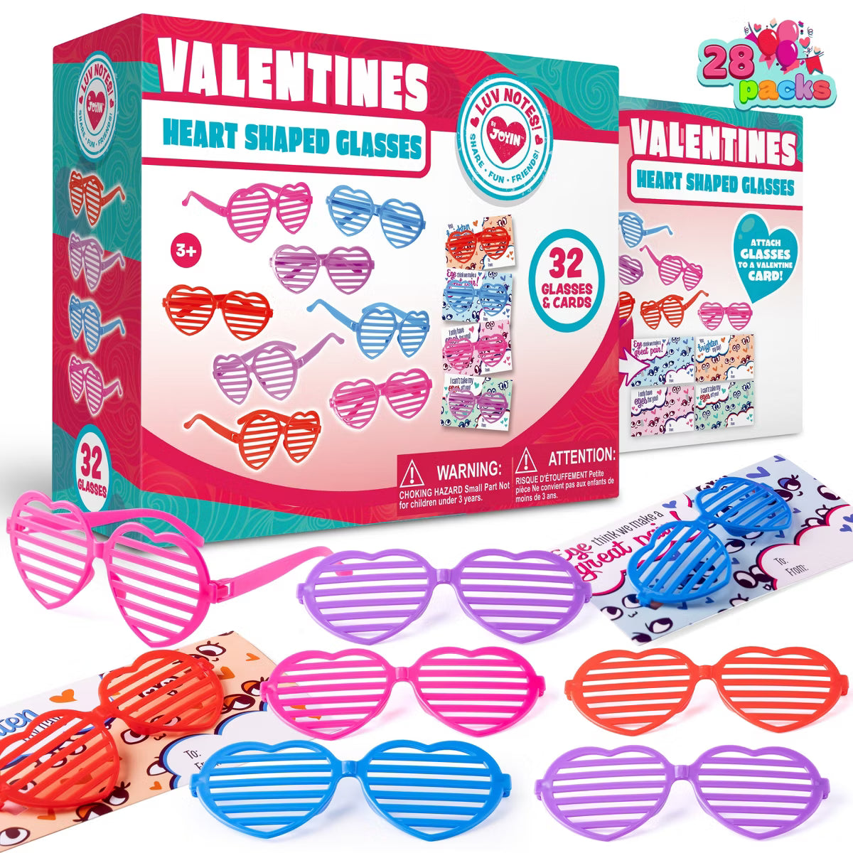 Joyfy 32 Pack Valentines Day Heart Shaped Glasses with Gift Card, for Valentine's Party Favor, Classroom Exchange Prize Supplies
