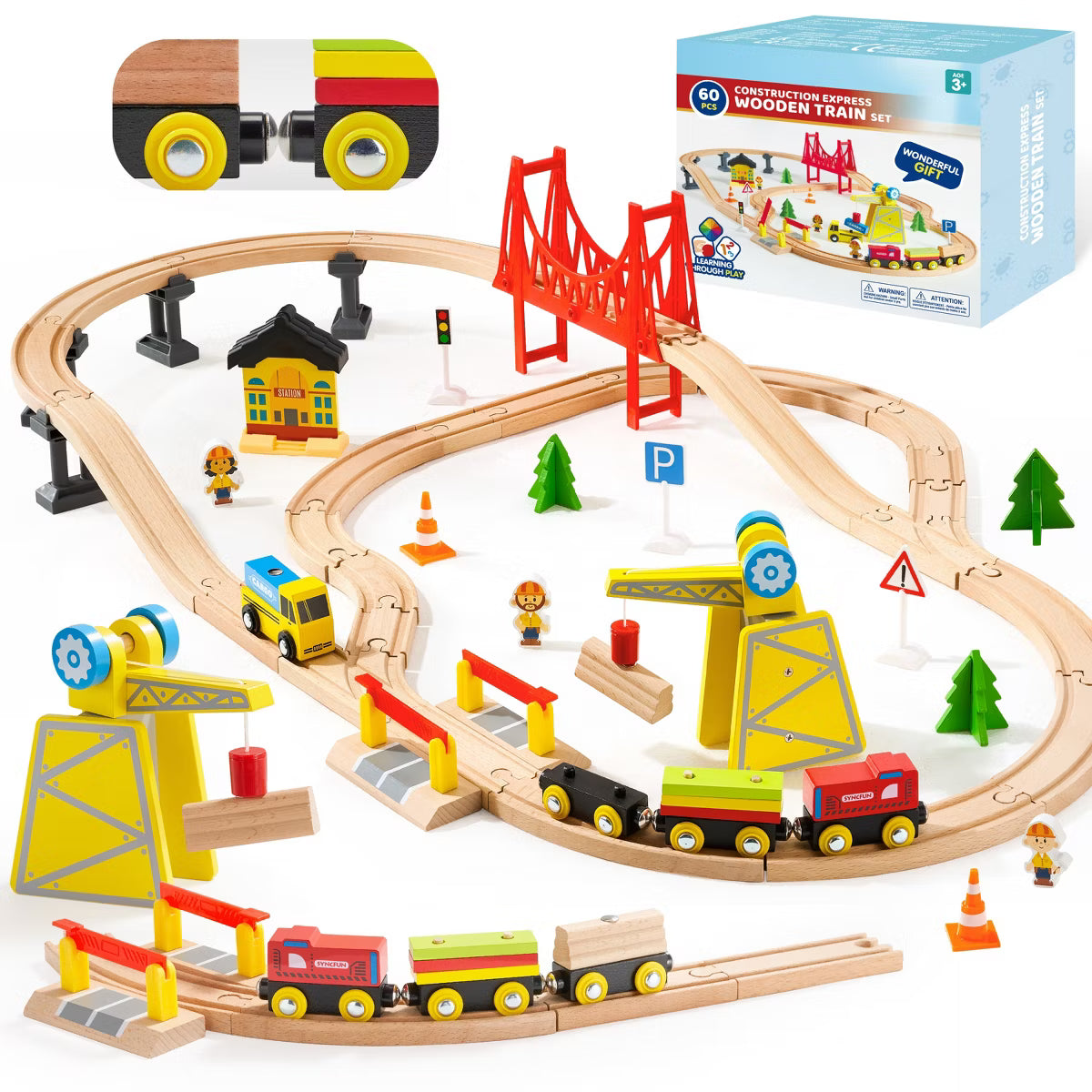 Joyfy 60PCS Wooden Train Track Set - Construction Express, Engineering Railway, Easter Birthday Toy Gift for Kids Toddlers Boys Girls 3-8