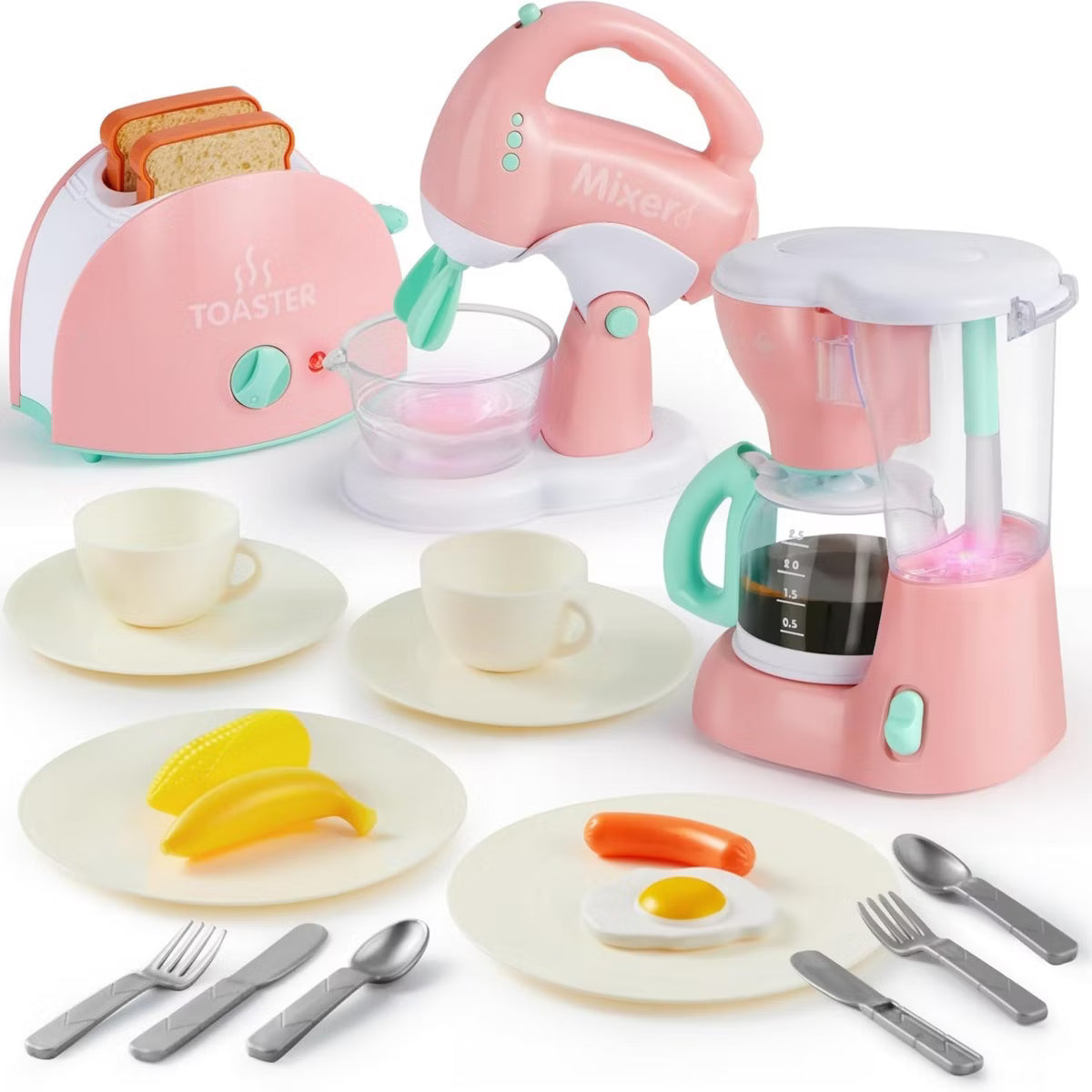 Joyfy Pretend Play Kitchen Appliances Toy Set with Coffee Maker Machine, Mixer and Toaster with Realistic Light and Sounds for Kids Ages 3-8, Pink