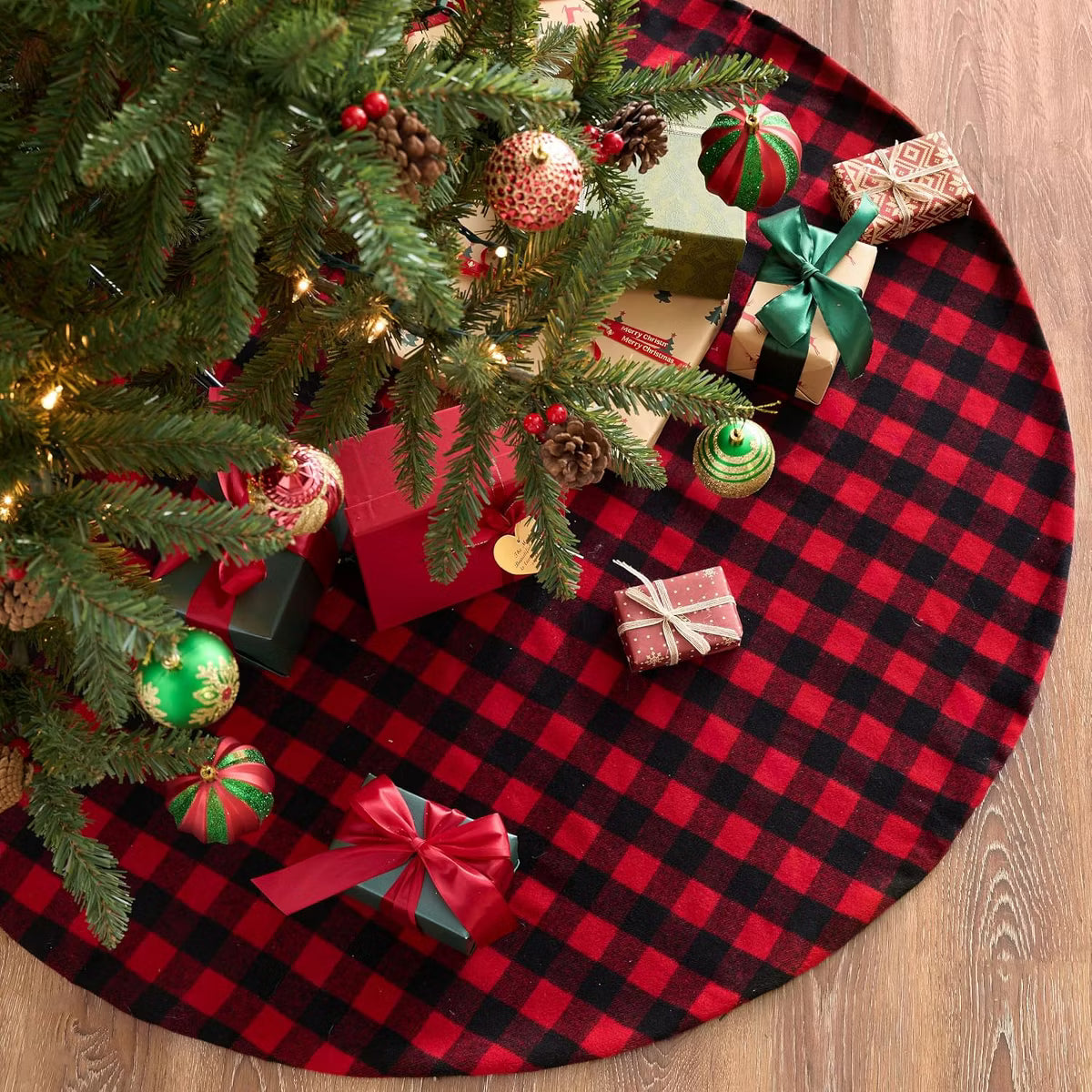 Joyfy Christmas Tree Skirt 36 Inch, Red and Black Buffalo Plaid Xmas Tree Skirt
