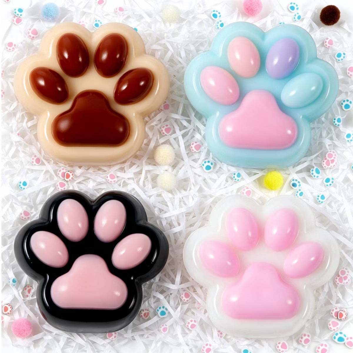 Joyfy 4 Pcs Cat Paw Taba Squishy Toys, Soft Fufu Mochi Squeeze Fidget Toys, Anxiety Stress Relief Toys, Cute Party Favor Presents for Adults Kids