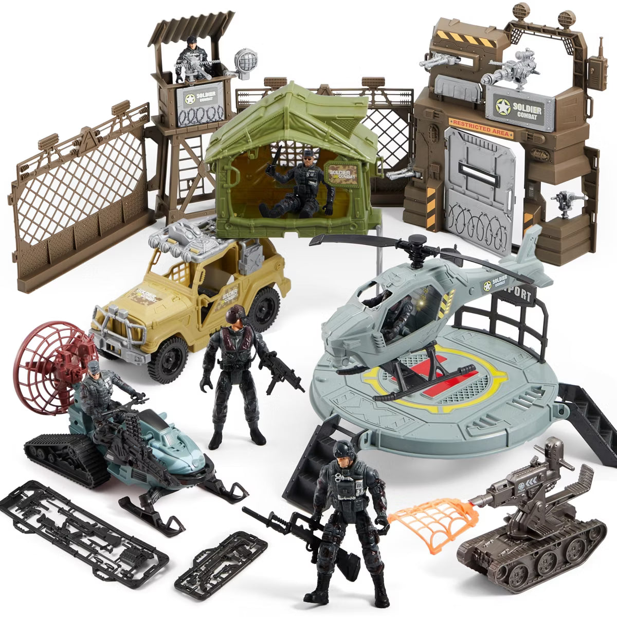 Joyfy Military Toy Set with Army Base, Vehicles, Action Figures & Weapon Accessories, Light & Sound Helicopter, Gift Toy for Boys Ages 8–12