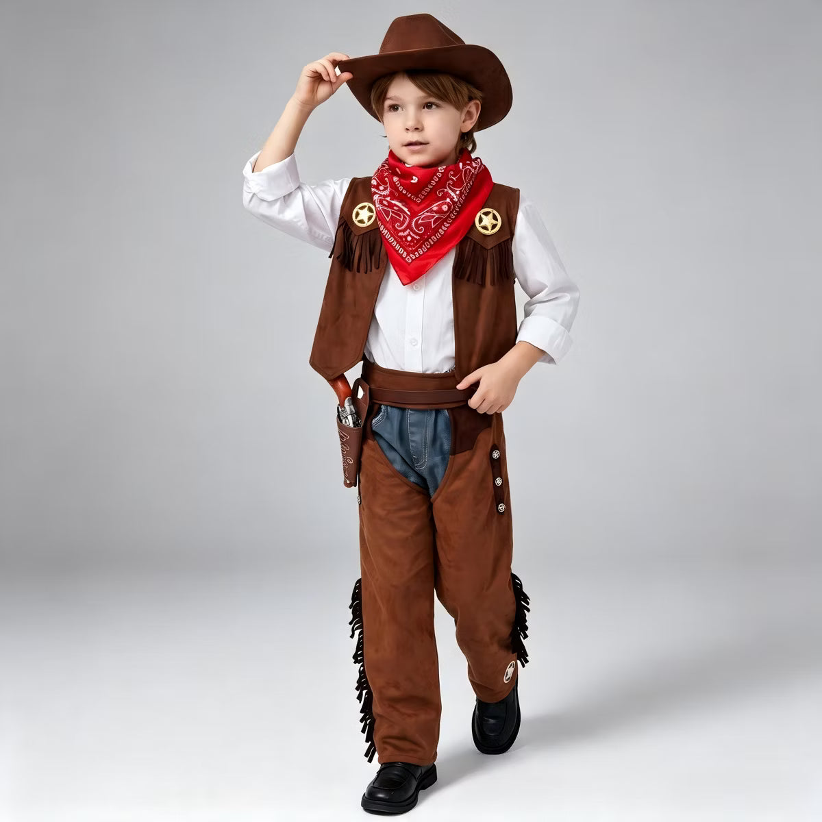 Joyfy Halloween Costume Cowboy Set for Kids, 8-Piece Western Outfit with Hat, Vest & Bandana – Brown Dress Up Suit for Boys Party - 3T