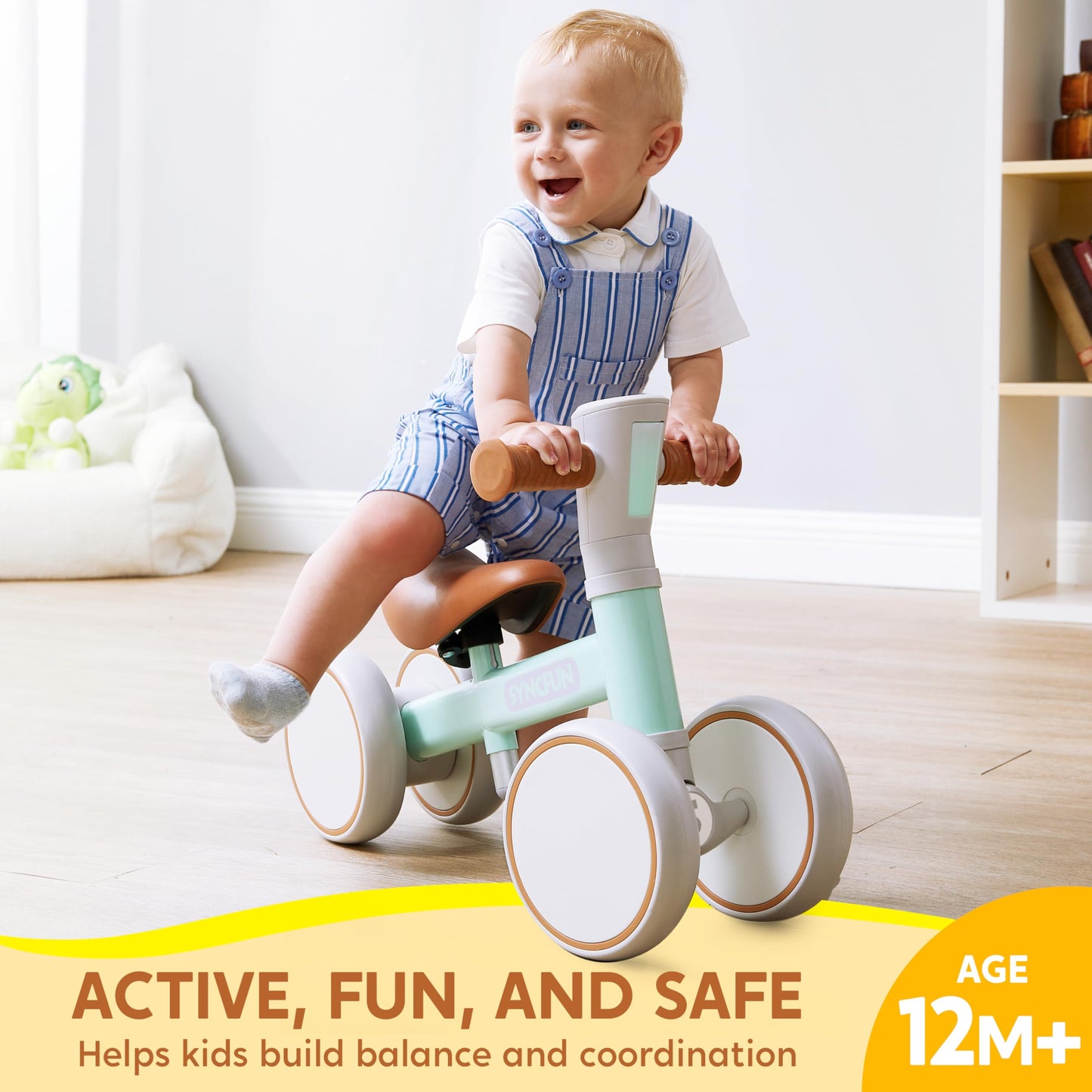 LED Baby Balance Bike with Music for 1 2 3 Year Old Boys Girls 12-36 Months Adjustable Toddler First Bike with Lights & Sounds 4 Wheels Riding Toys, First Birthday Gifts