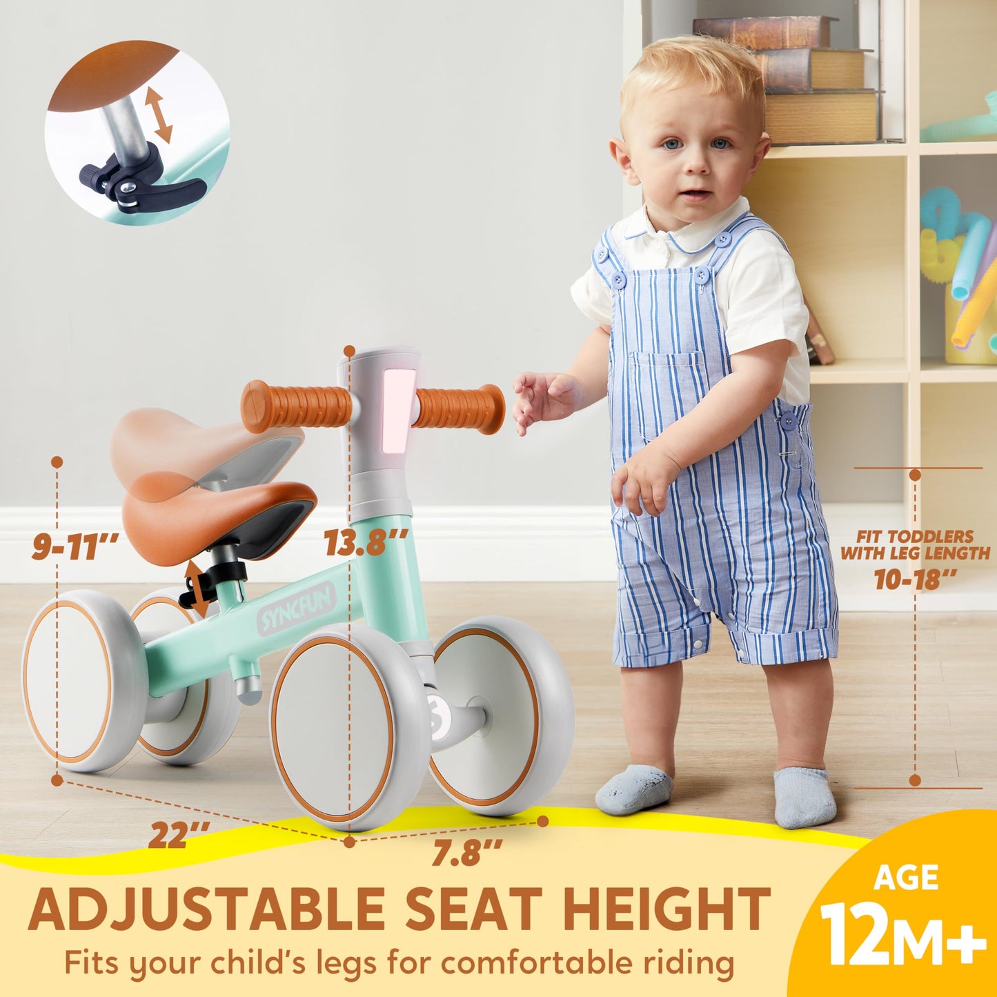 LED Baby Balance Bike with Music for 1 2 3 Year Old Boys Girls 12-36 Months Adjustable Toddler First Bike with Lights & Sounds 4 Wheels Riding Toys, First Birthday Gifts