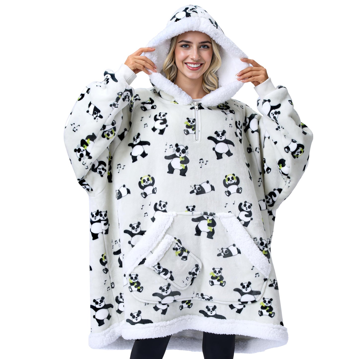 Giggling Getup Wearable Blanket Hoodie for Women Men - Oversized Flannel Sherpa Fleece Sweatshirt Blanket - with Giant Pocket & Sleeves - Cozy Warm Blanket Birthday Gifts for Adults Panda