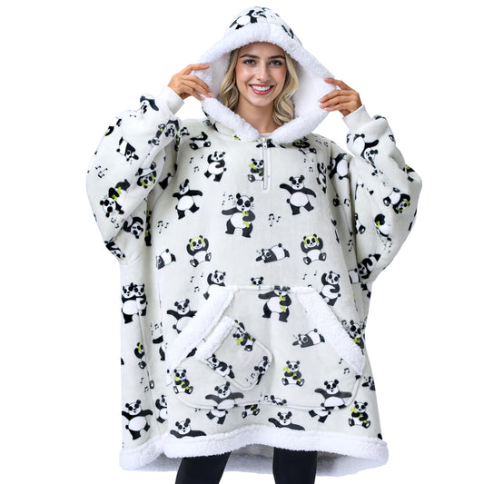 Giggling Getup Wearable Blanket Hoodie for Women Men - Oversized Flannel Sherpa Fleece Sweatshirt Blanket - with Giant Pocket & Sleeves - Cozy Warm Blanket Birthday Gifts for Adults Panda