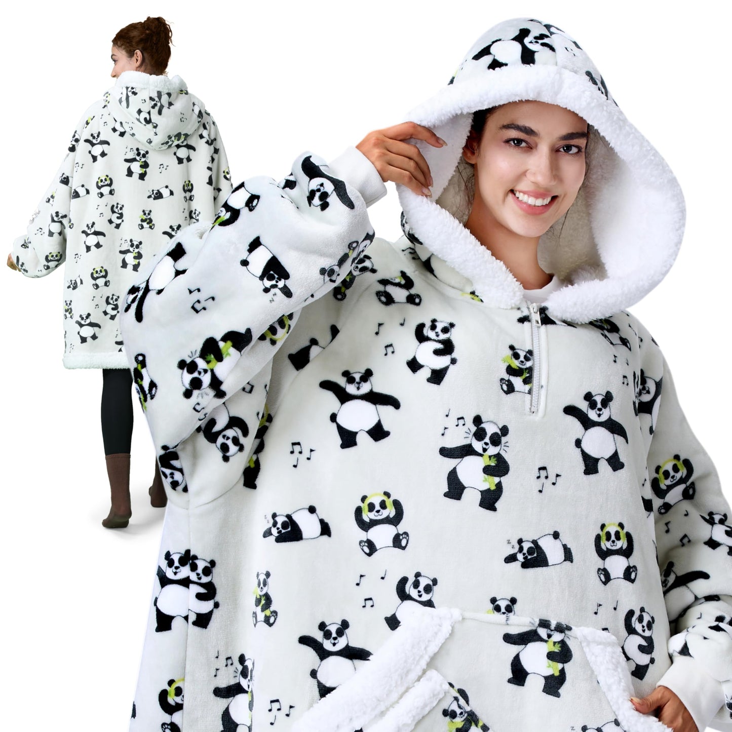 Giggling Getup Wearable Blanket Hoodie for Women Men - Oversized Flannel Sherpa Fleece Sweatshirt Blanket - with Giant Pocket & Sleeves - Cozy Warm Blanket Birthday Gifts for Adults Panda