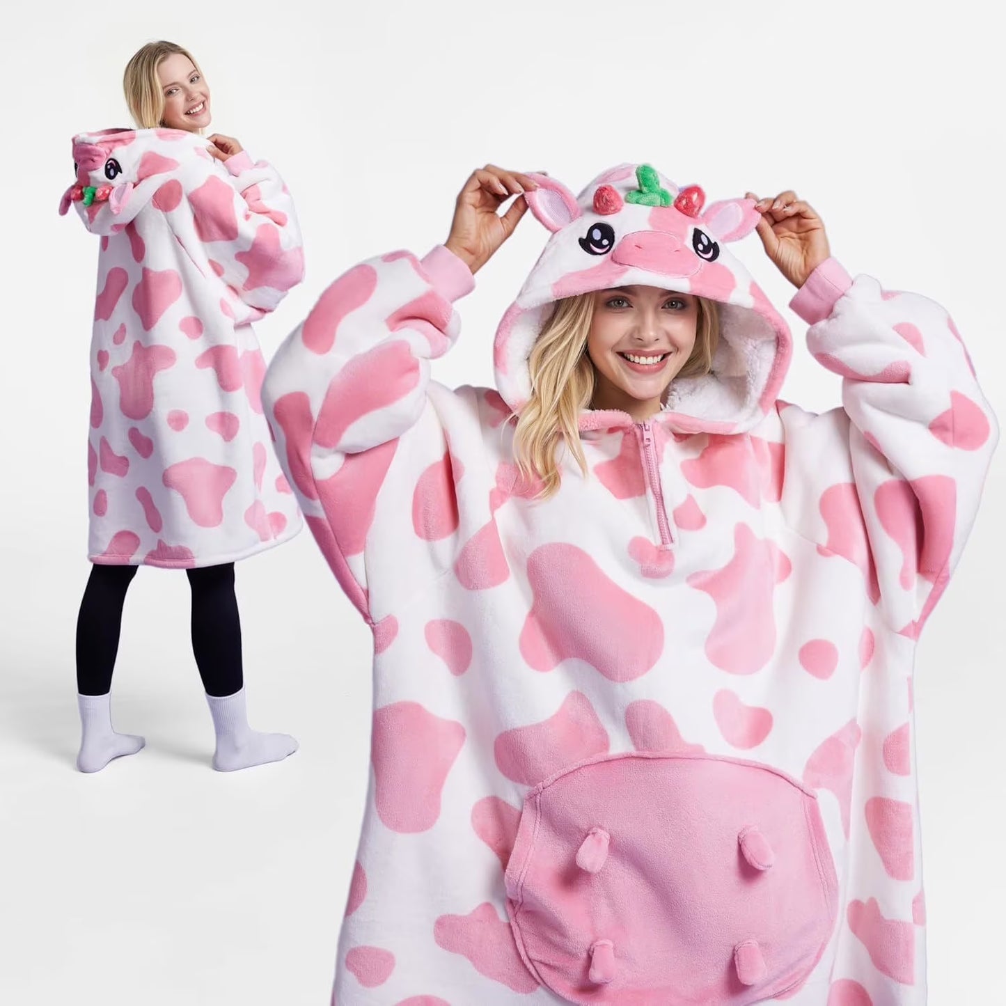 Joyfy Wearable Blanket Hoodie for Adults, Giggling Getup Oversized Sherpa Fleece Hoodie with Giant Pocket & Sleeves, Warm Cozy Gift for Women & Men,Strawberry Cow