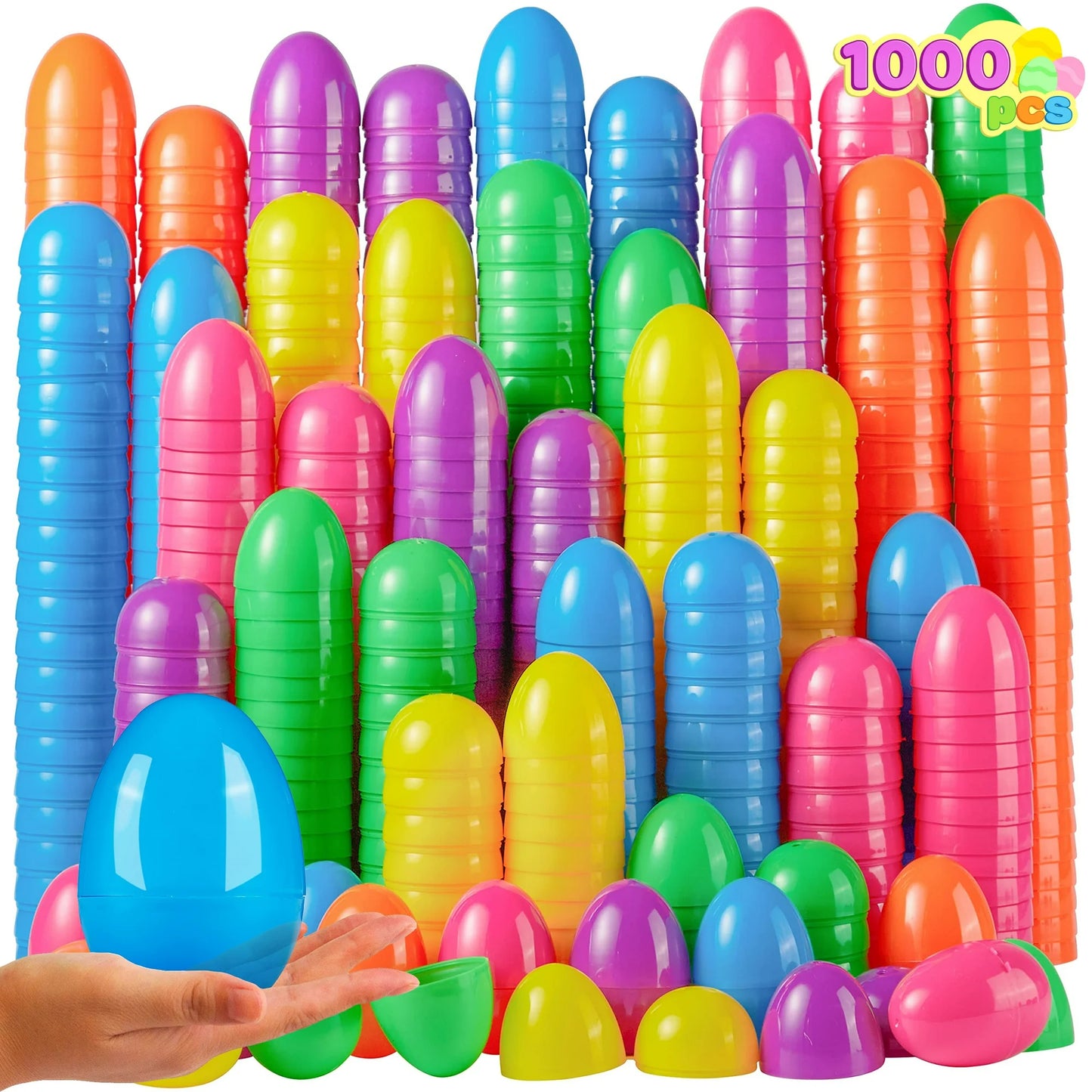 Joyfy 1000 Pcs 3.15" Easter Eggs, Plastic Empty Fillable Easter Eggs Bulk, Colorful Bright Eggs for Easter Hunting, Filling Treats, Party Favor, Basket Stuffers, Classroom Prize Supplies