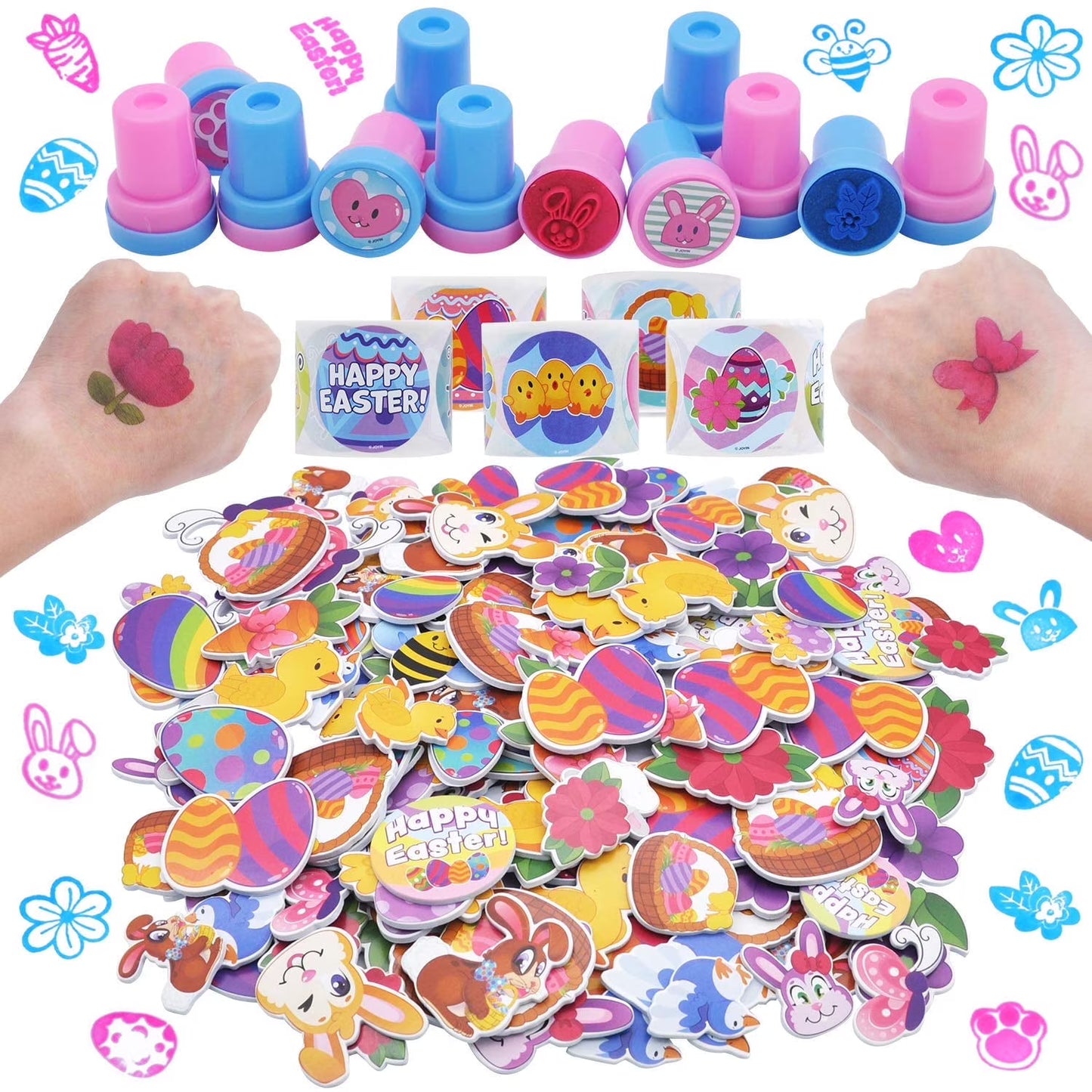 Joyfy 1000 Pcs Easter Crafts for Kids with Stickers Rolls, Stampers, Foam Stickers, and Temporary Tattoos for Easter Basket Stuffers, Egg Fillers, Egg Hunt Party, Classroom Events