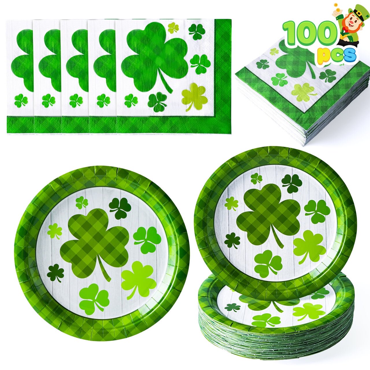 JOYFY 100Pcs St. Patrick¡¯s Day Party Plate and Napkin Set,50 Green Shamrock Plaid Plates and Paper Napkin, Clover Designs for St Patrick¡¯s Day Tableware, Party Supplies