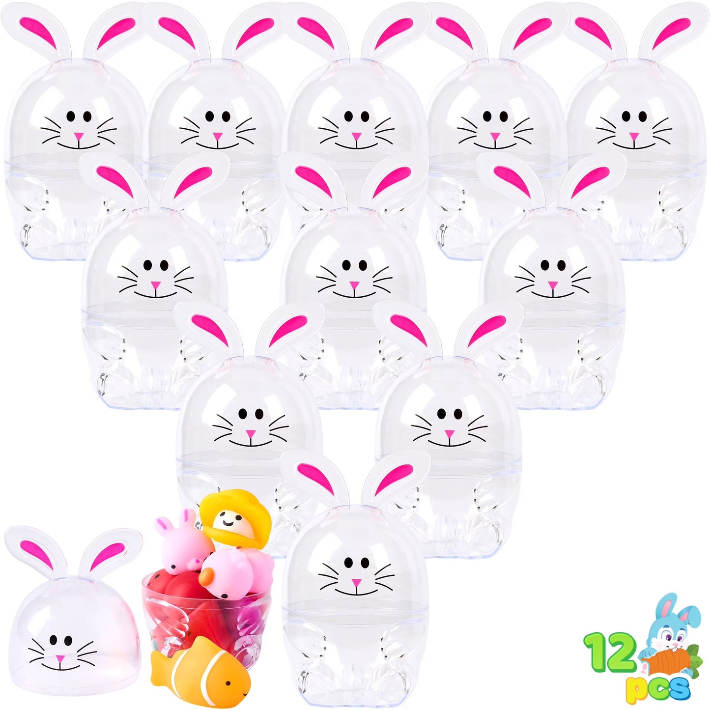 Joyfy 12 Pcs 3.7 Bunny Shaped Easter Eggs, Fillable Plastic Empty Eggs,Clear Bunny Easter Eggs for Easter Egg Hunts, Basket Stuffers, Toys Filling Treats